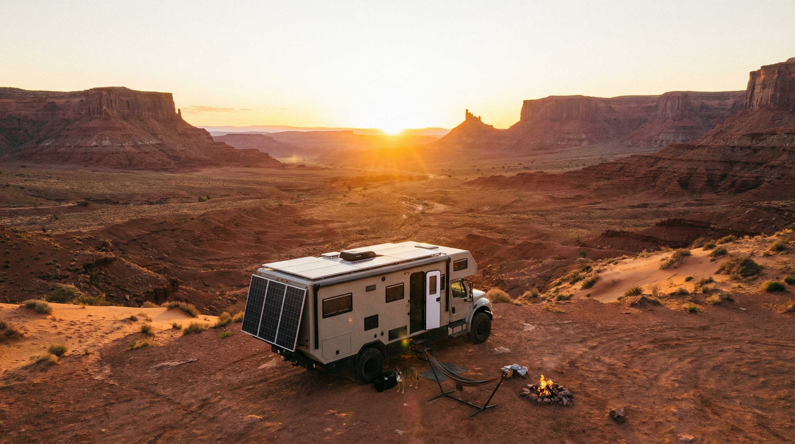 Off-grid RV at sunset powered by solar panels