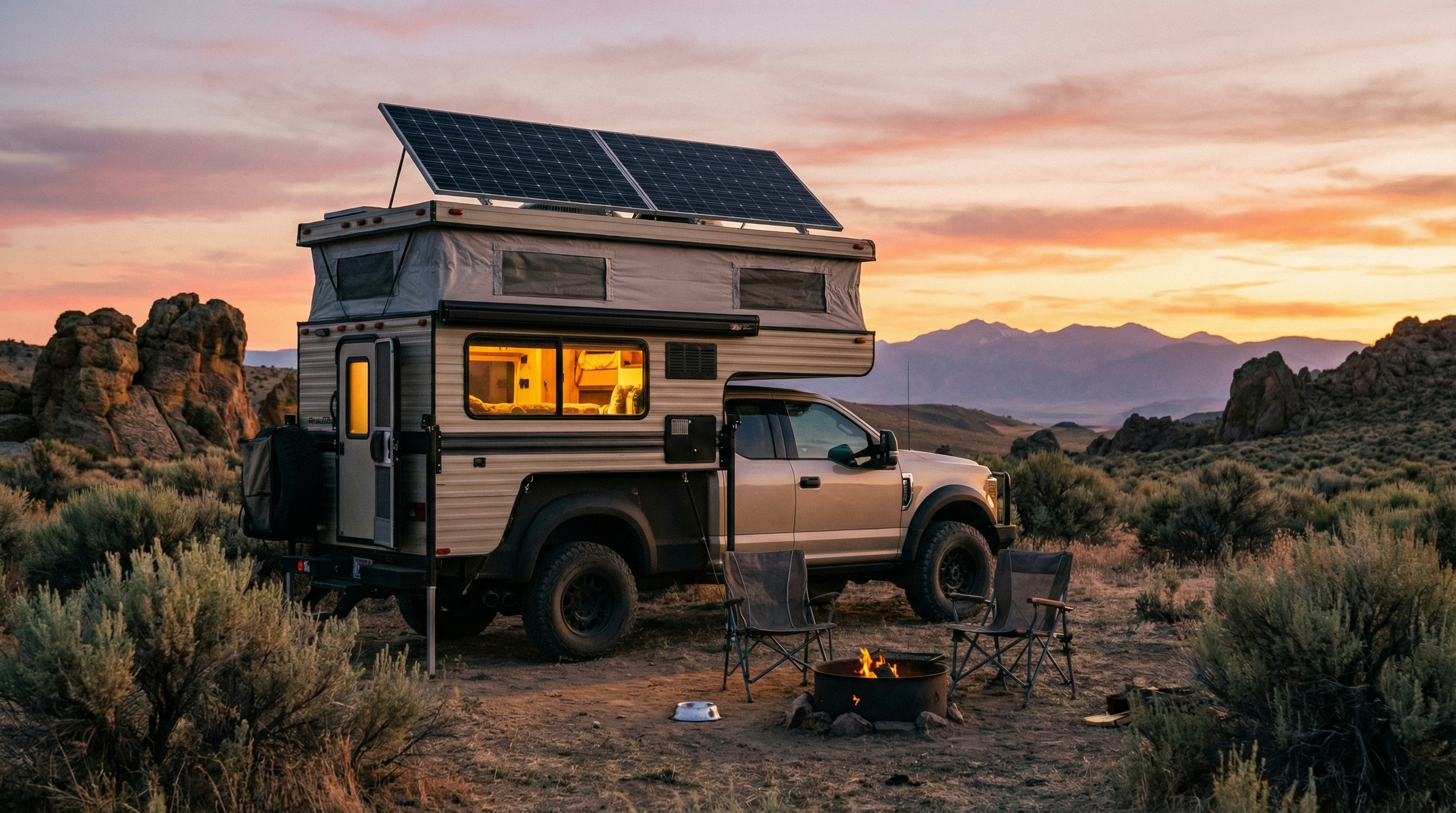 RV with rooftop solar panels parked off-grid at sunset