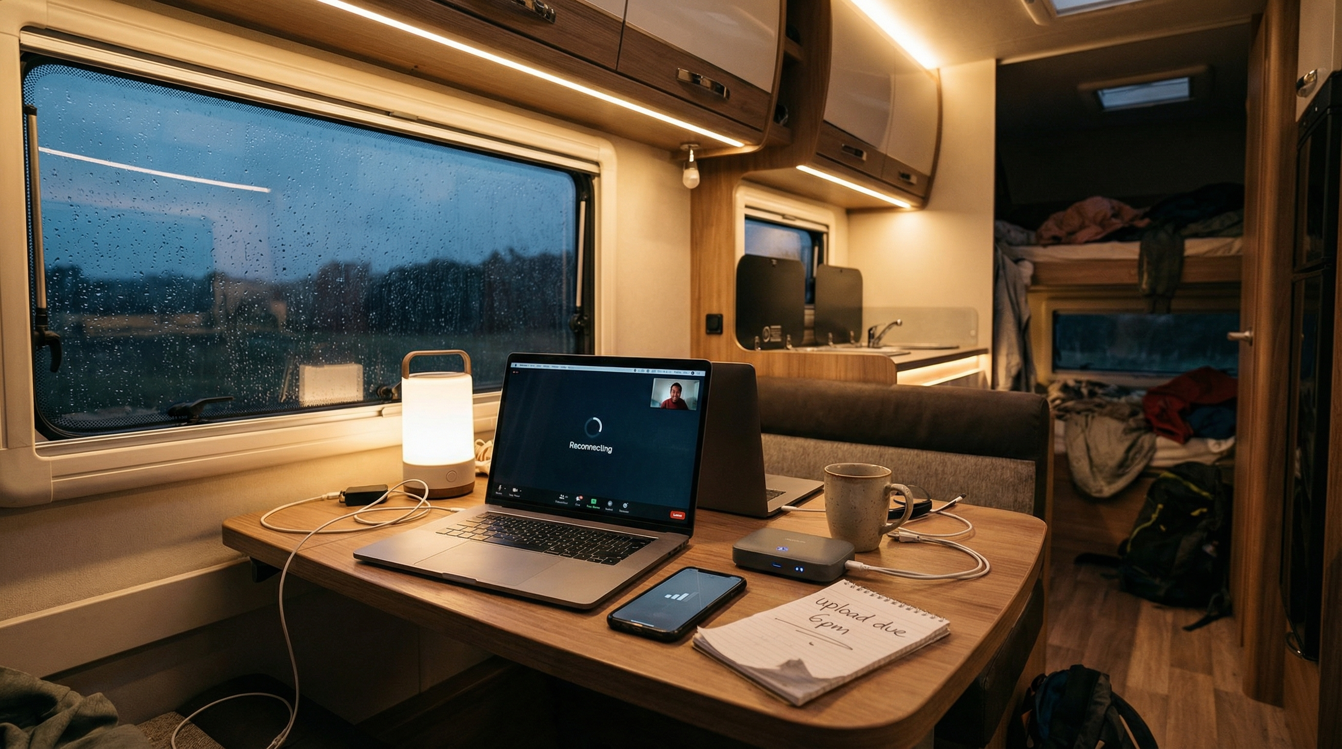RVer troubleshooting internet connection inside an RV workspace