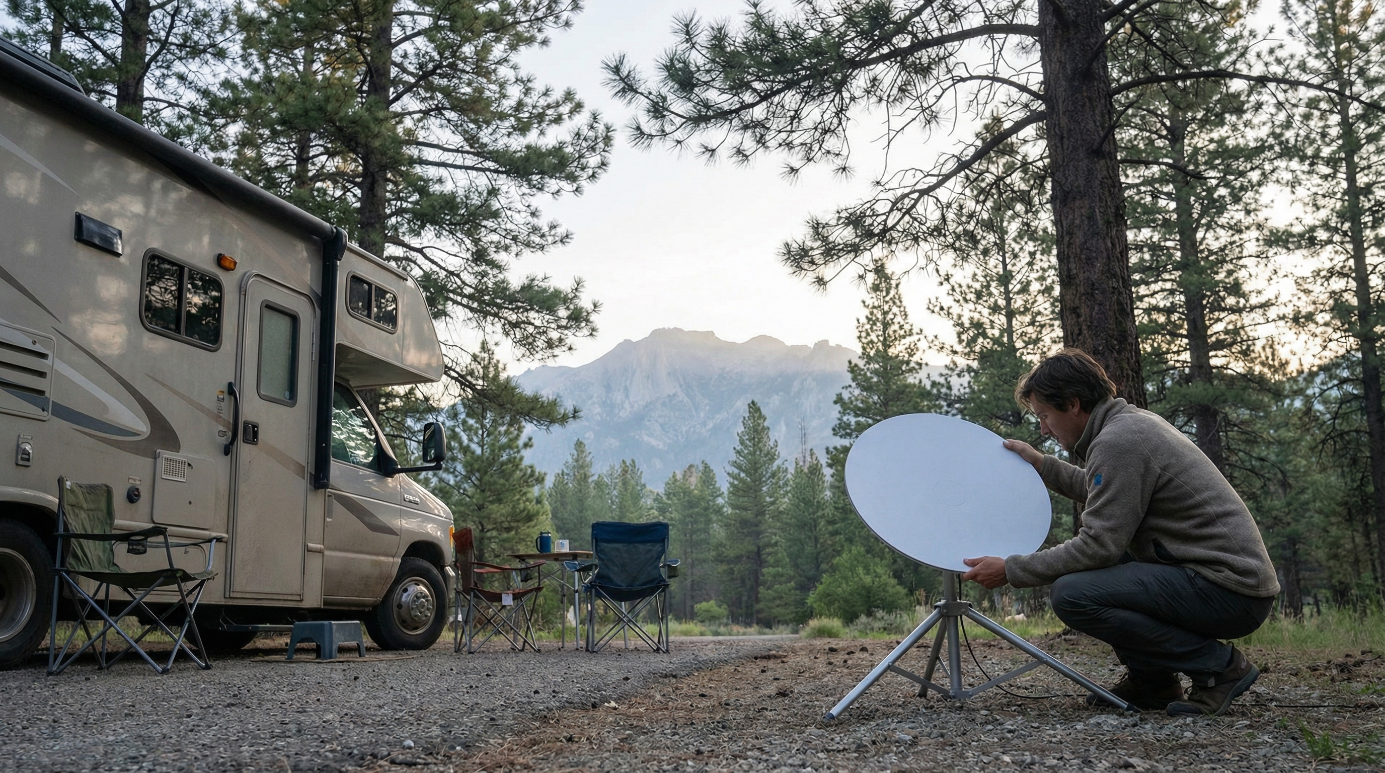 Starlink-style dish set up near an RV with partial tree obstruction