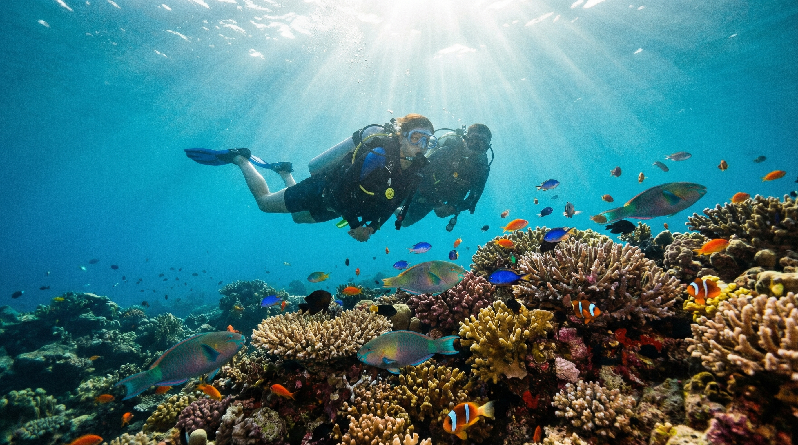 Underwater scuba diver exploring a coral reef near Boracay