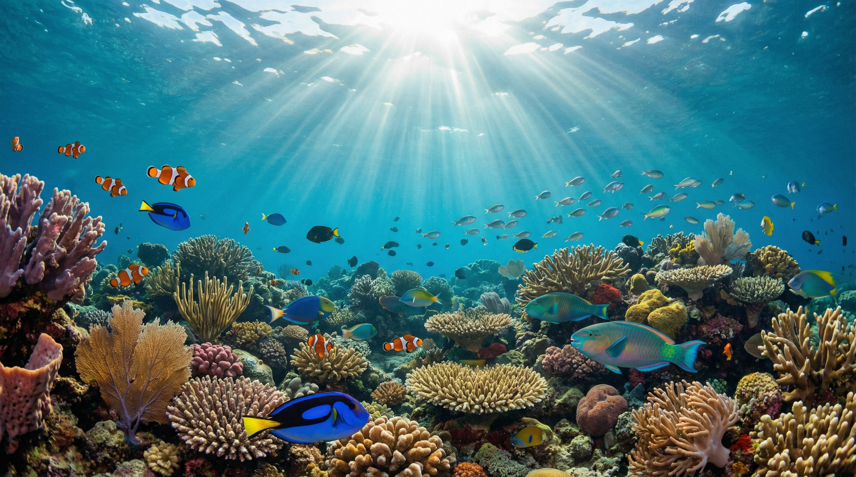 Healthy coral garden and marine life in clear tropical water near Boracay