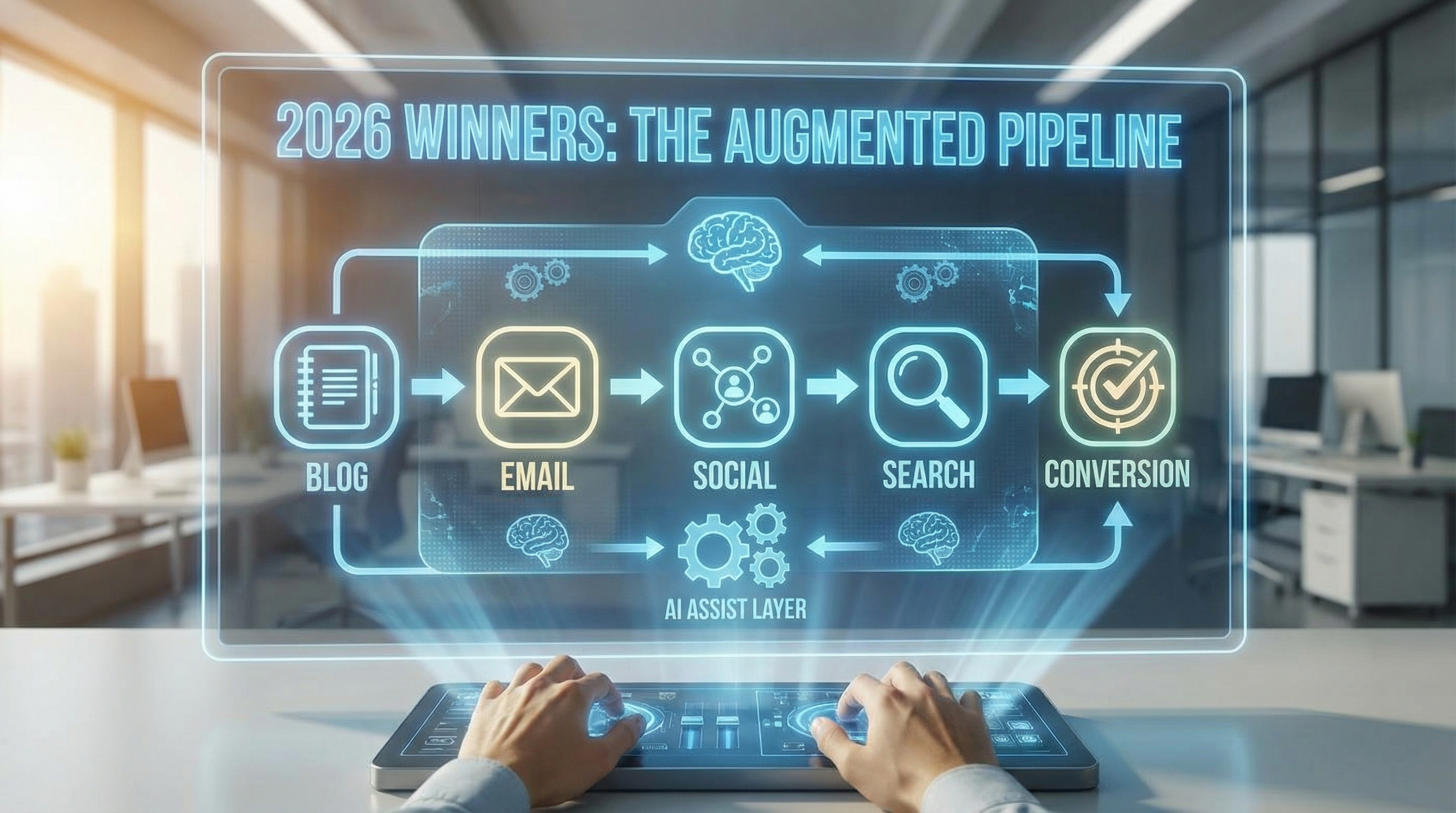 A visual showing authority plus media plus AI distribution as a winning strategy in 2026.
