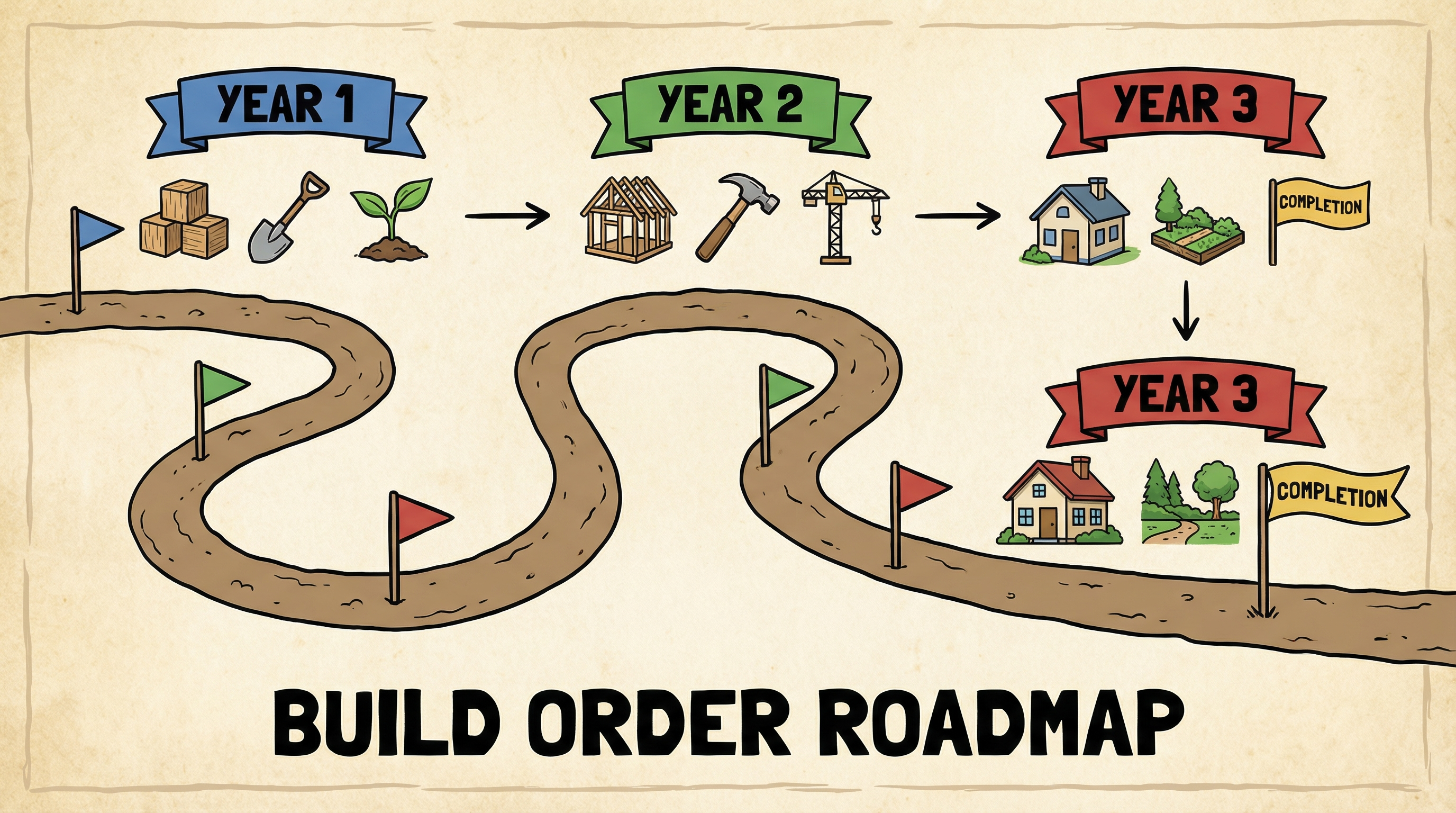 A simple roadmap showing the correct order to build an affiliate business: traffic, trust, then monetization layers.