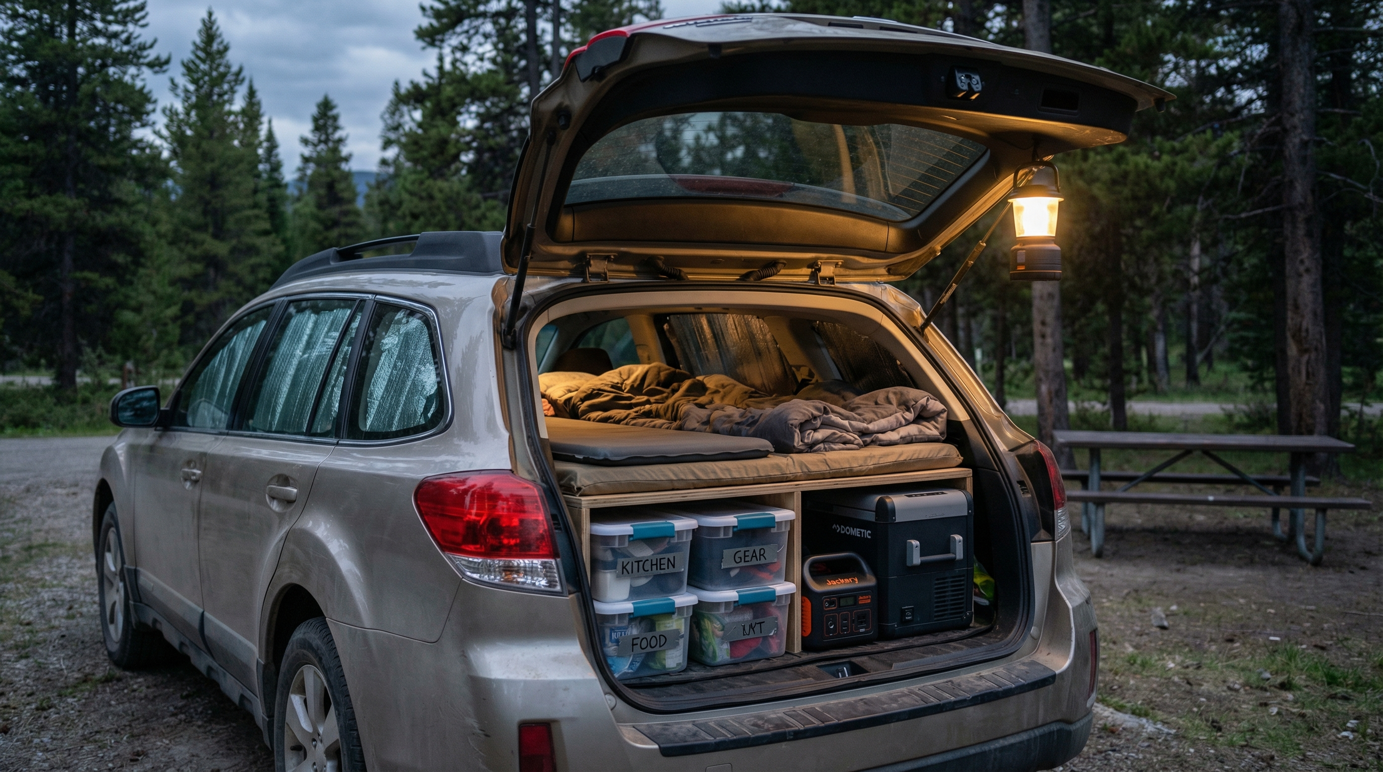 SUV camping setup with sleeping platform, organized bins, and practical gear
