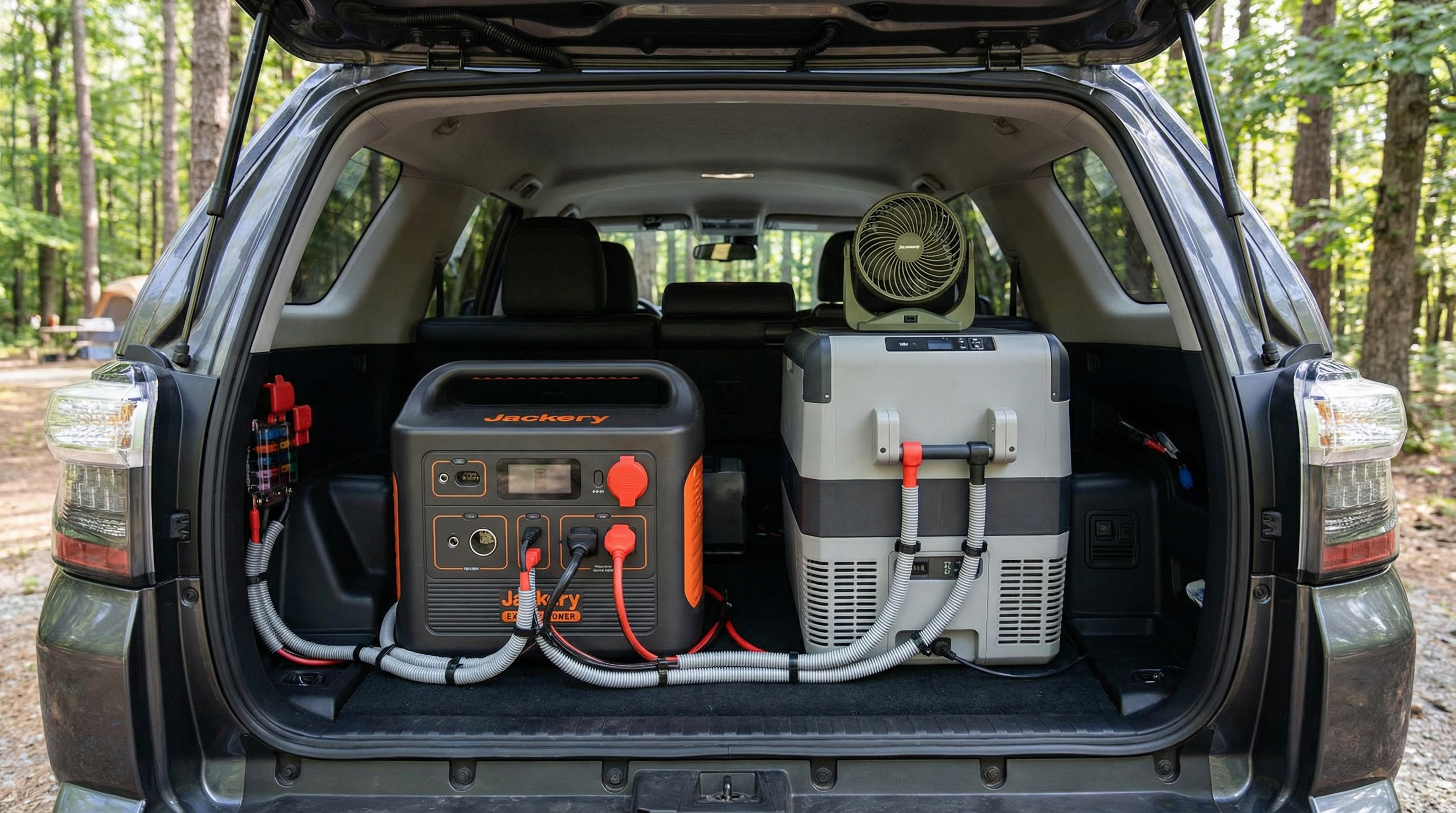 Portable power station powering a 12V fridge and small fan in an SUV camping setup