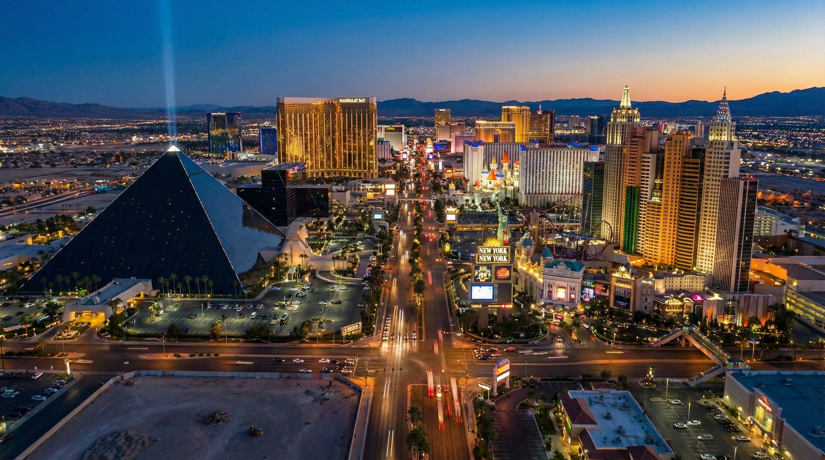 Las Vegas Strip skyline at dusk with hotel lights and clear travel planning vibe