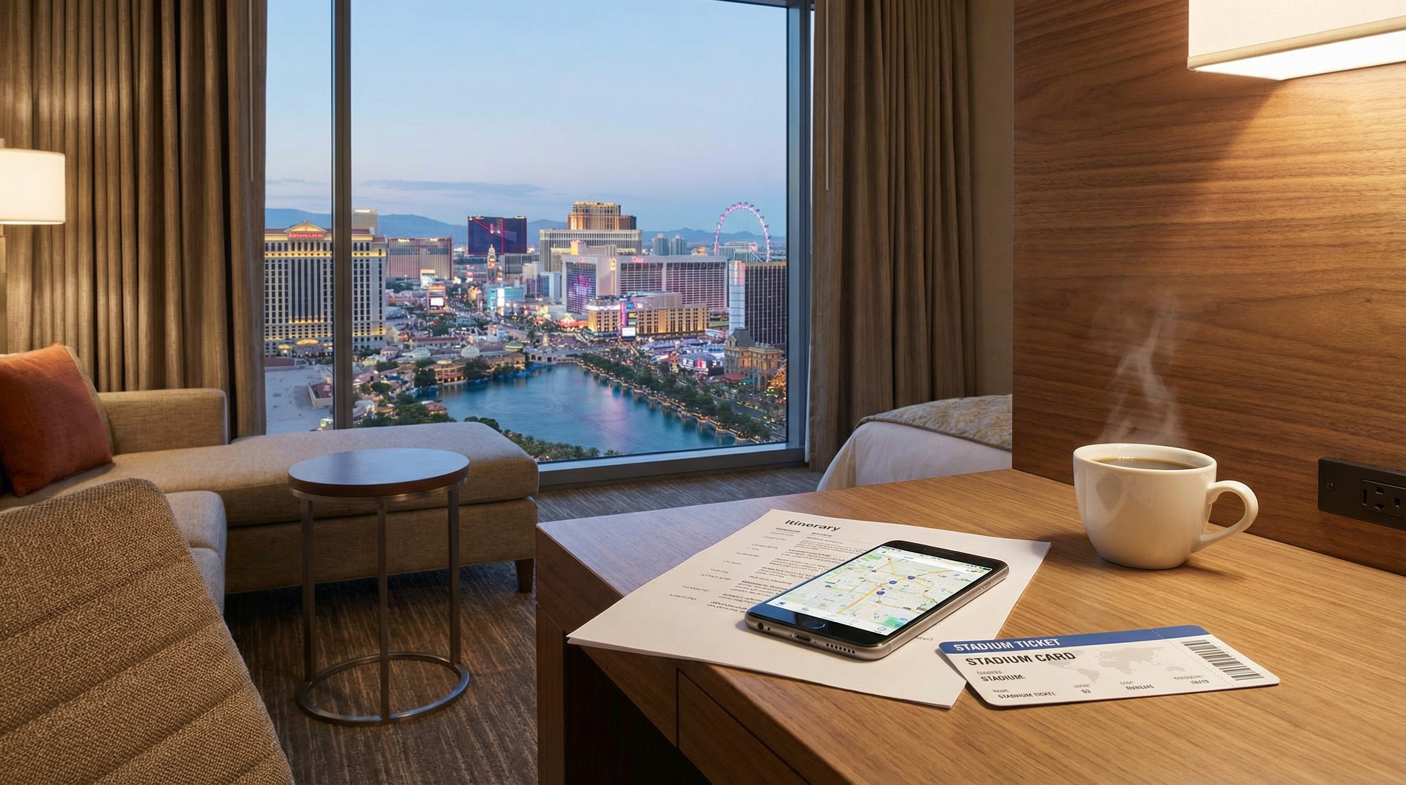 Modern hotel room desk with travel planning items and Las Vegas skyline view