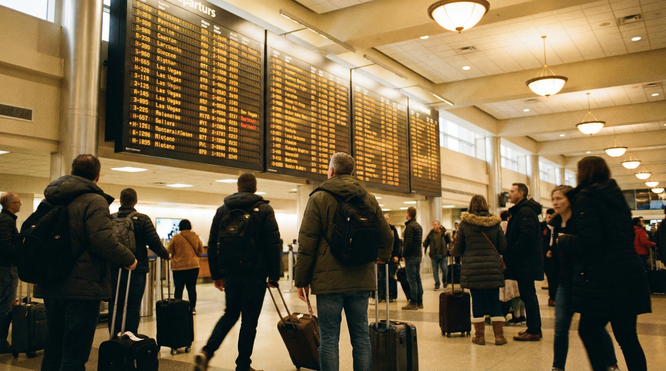 Airport departure hall scene with travelers and carry-ons in warm lighting