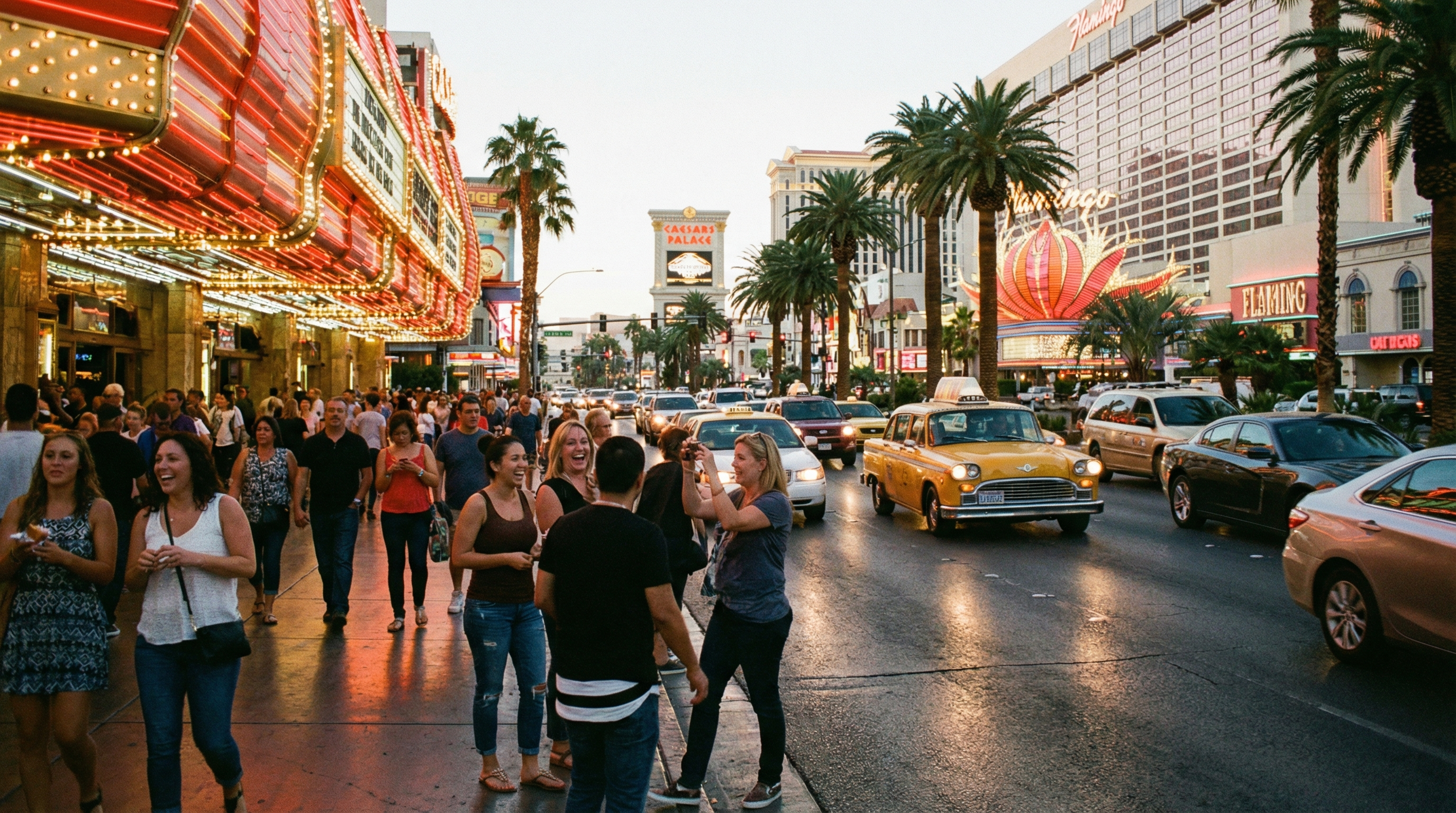 Las Vegas evening street scene with neon glow and energetic but controlled weekend atmosphere