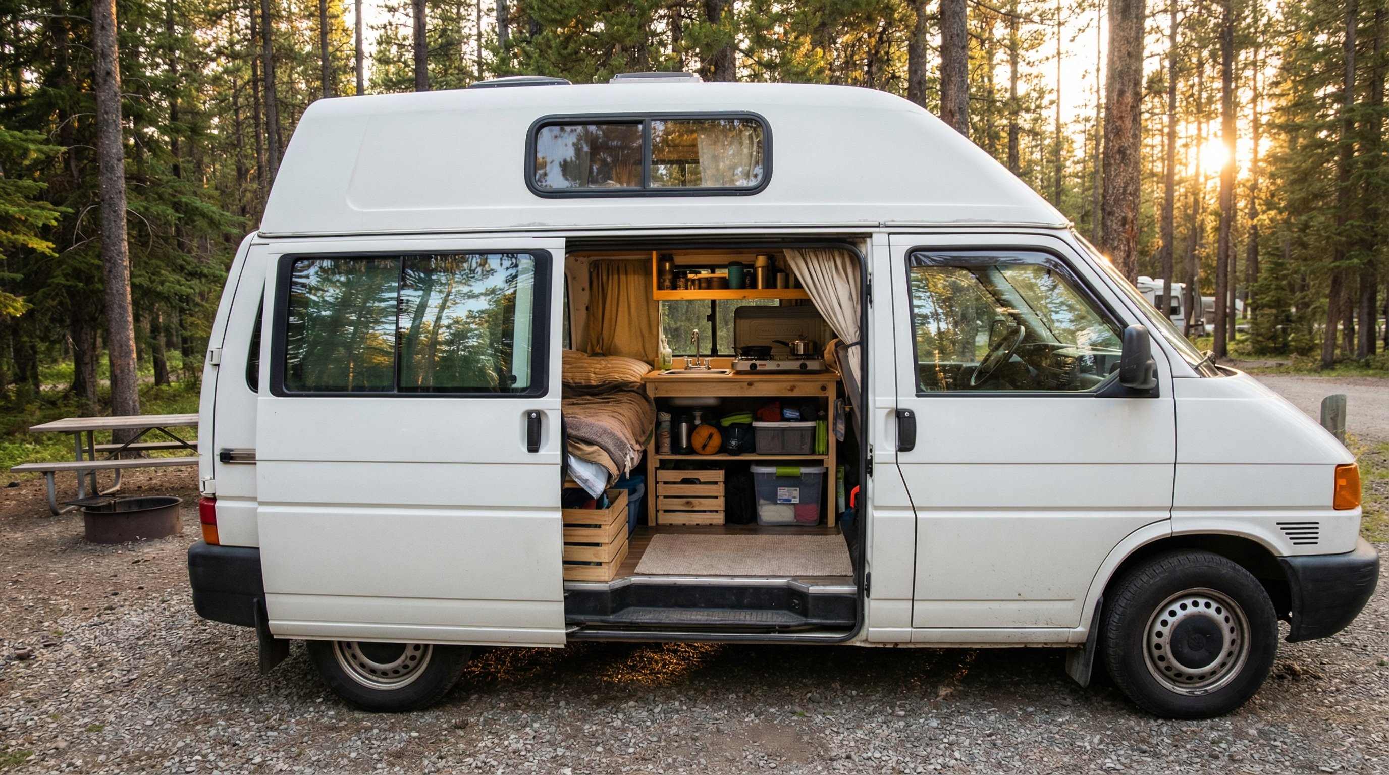 Class B camper van parked at campground with open side door showing compact layout