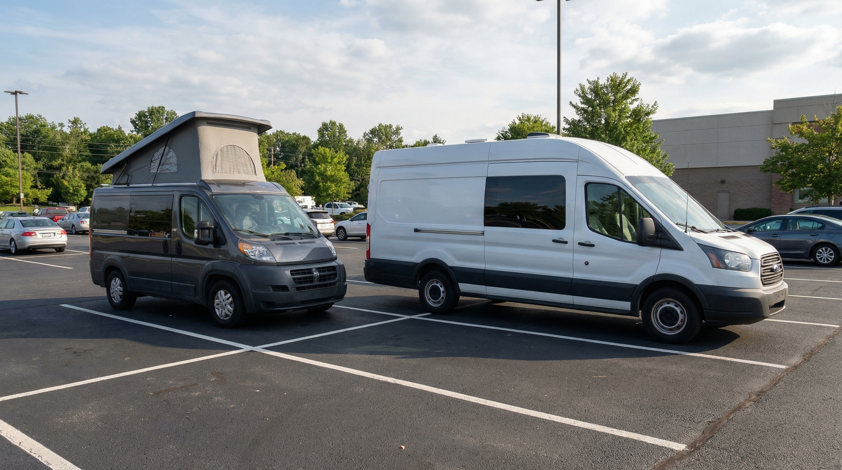 Comparison of short and extended Class B camper vans in parking spaces