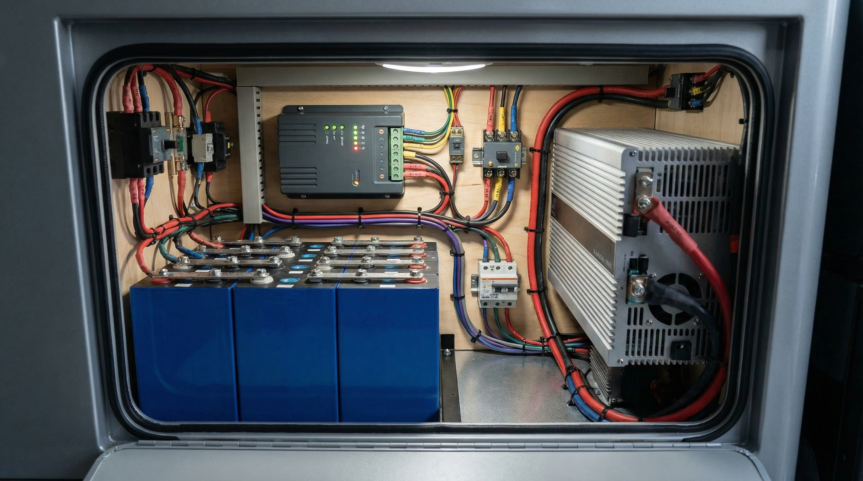 Class B camper van lithium battery bank and solar charge controller setup