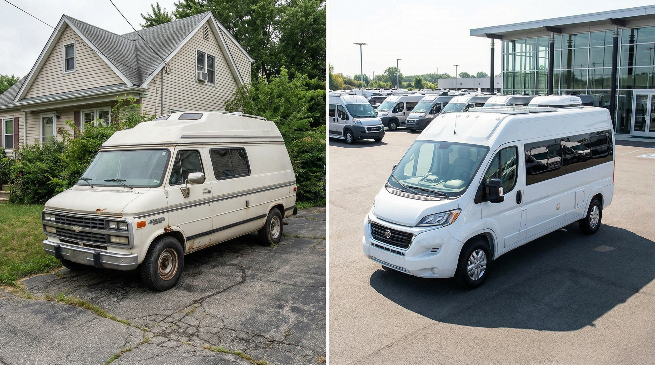 Used Class B camper van in driveway versus new model at dealership