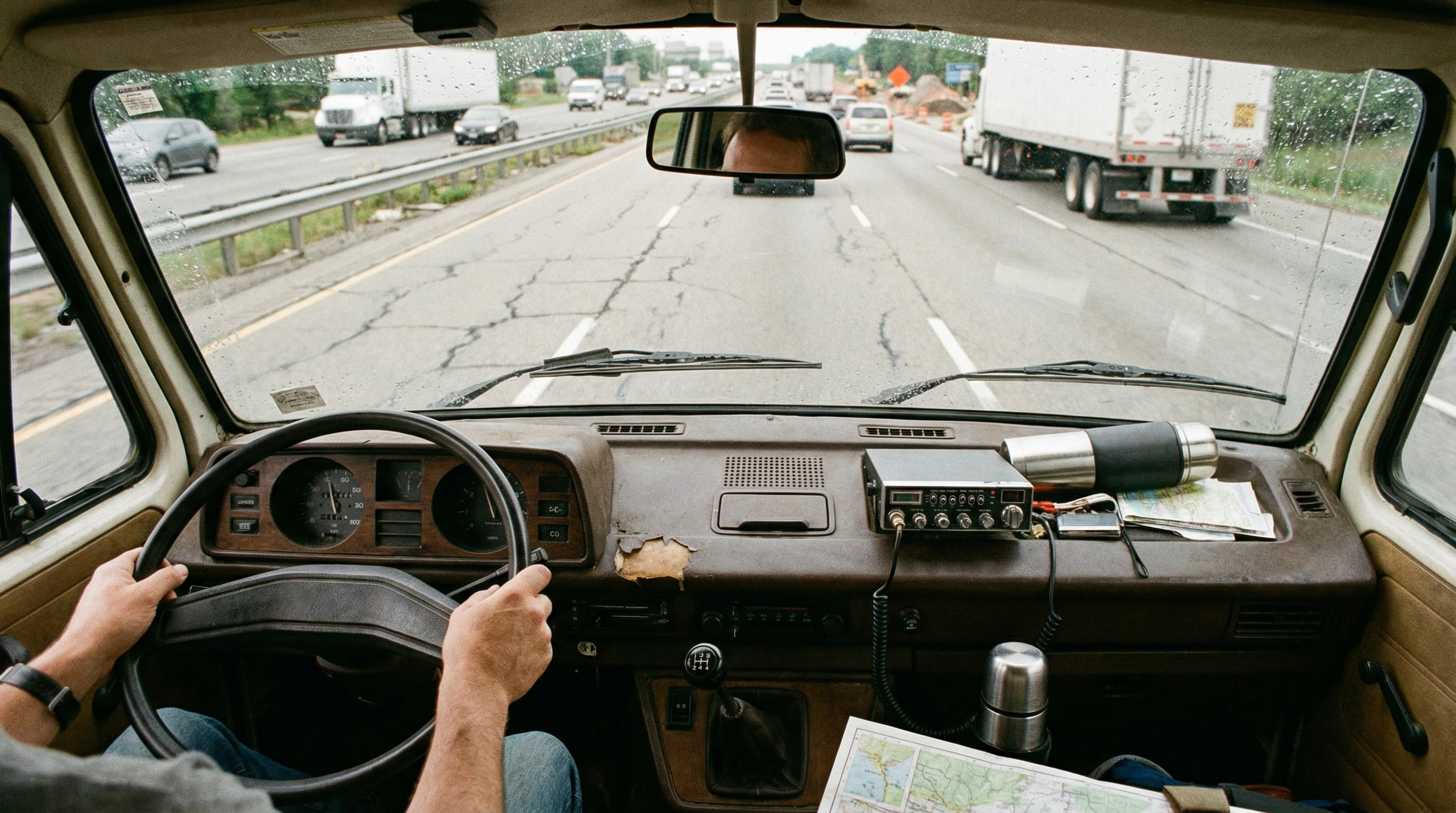 Driver perspective inside Class B camper van on highway