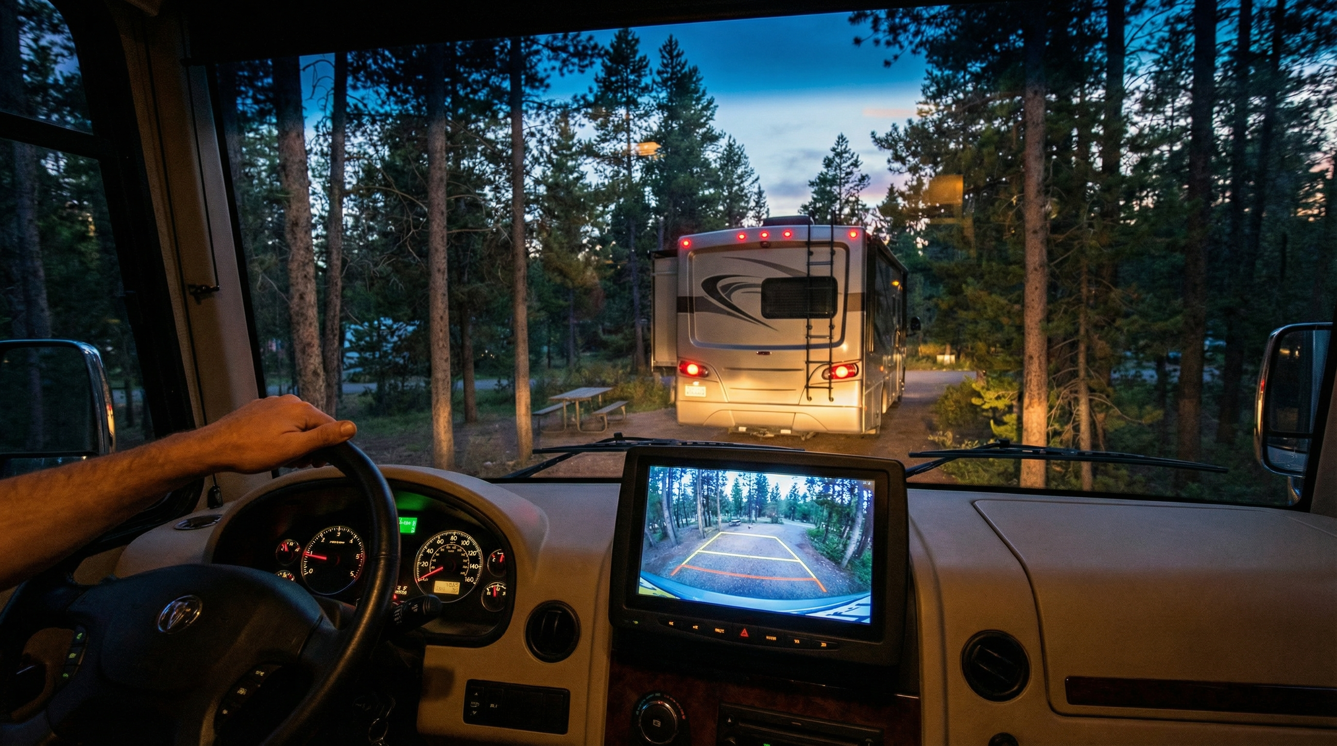 RV backing into a campsite using a wireless rear view camera monitor