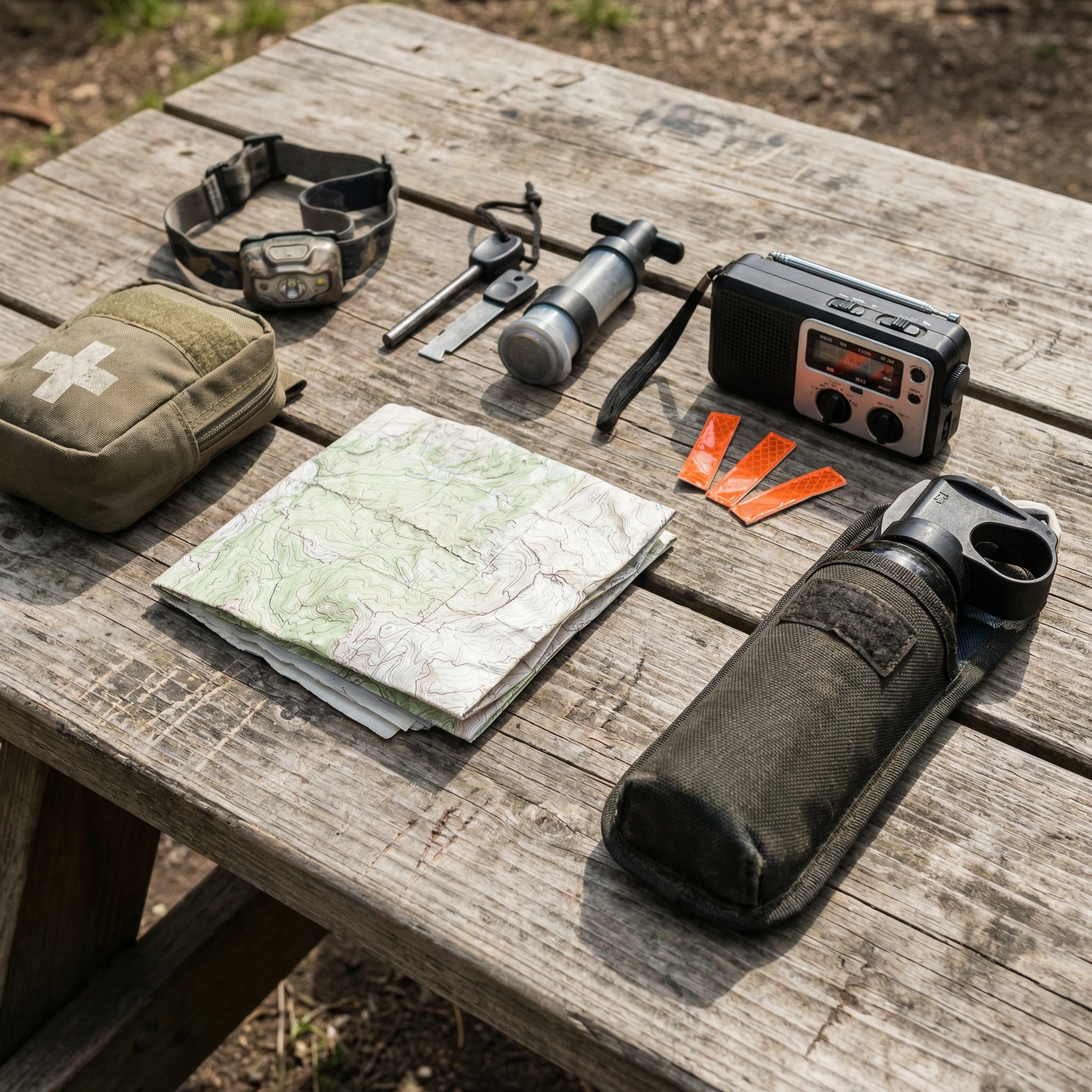 Off-grid essentials kit laid out on a table
