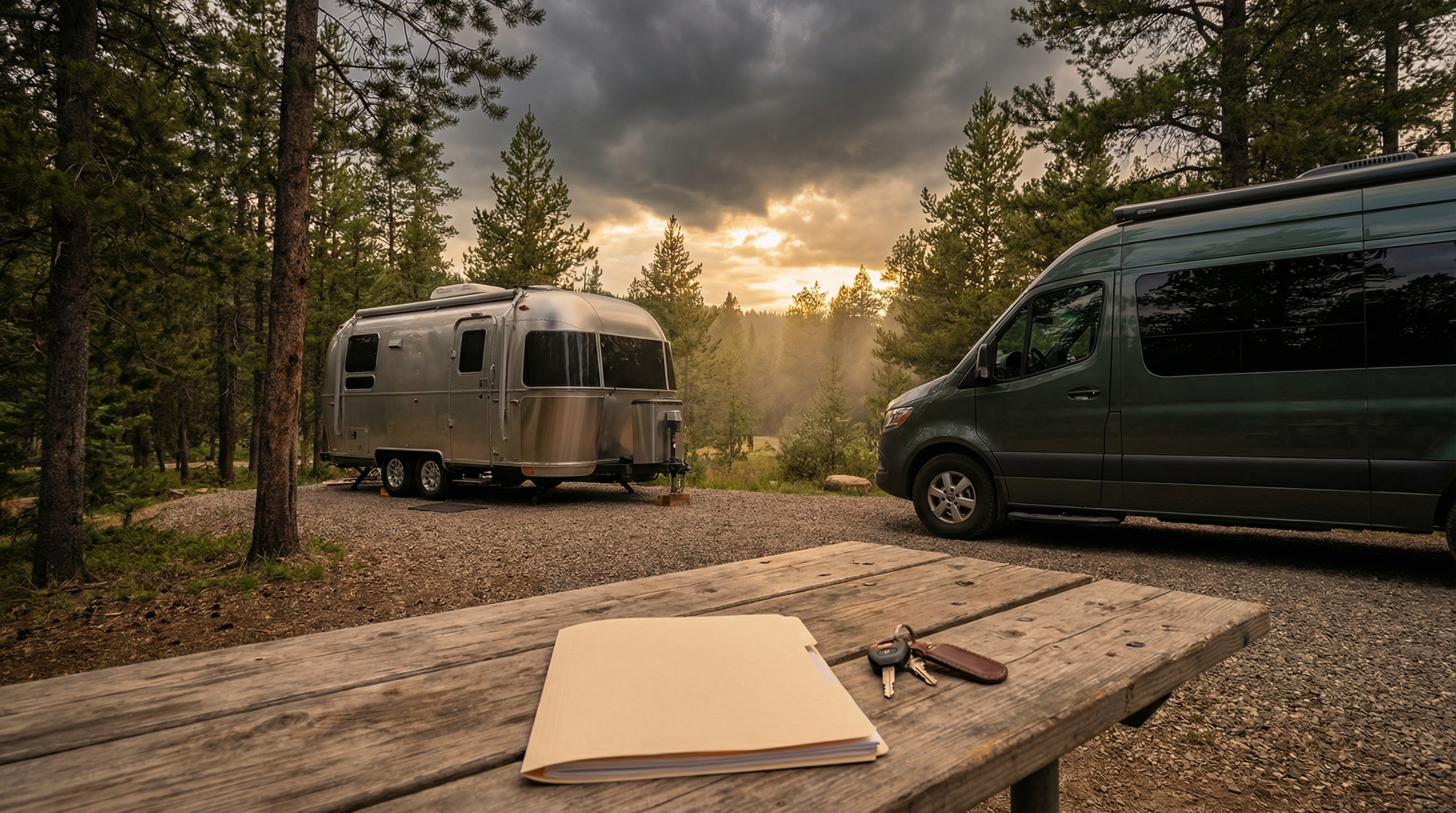 RV insurance guide cover image showing RV travel planning and protection theme