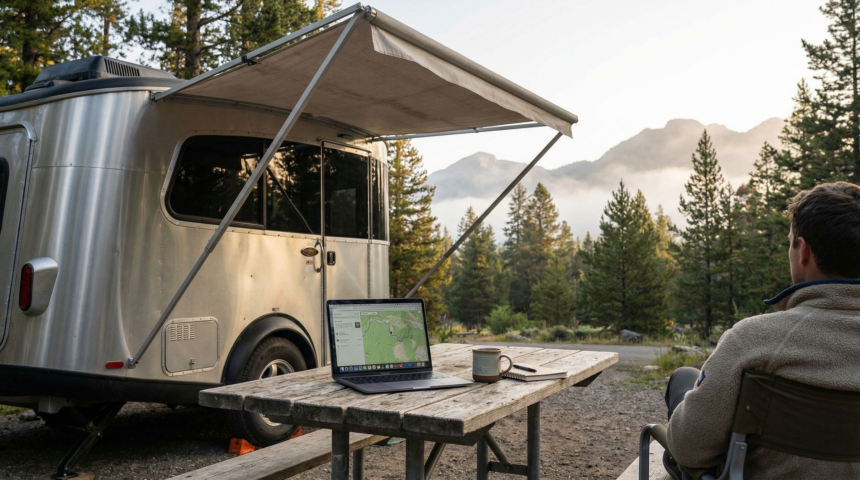 Travel trailer at a campground with a simple outdoor workspace setup for remote work
