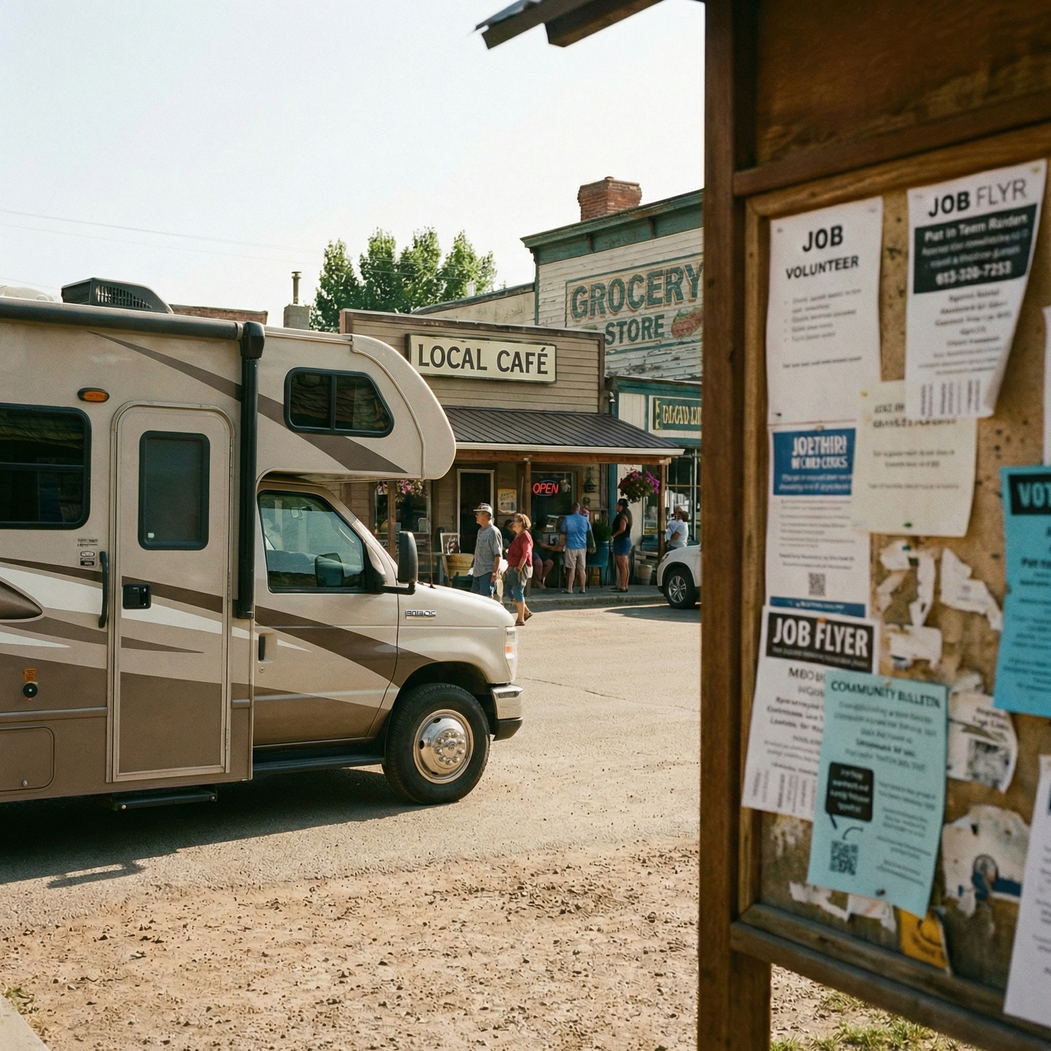 RV near a small town with local businesses nearby, representing local job opportunities while traveling