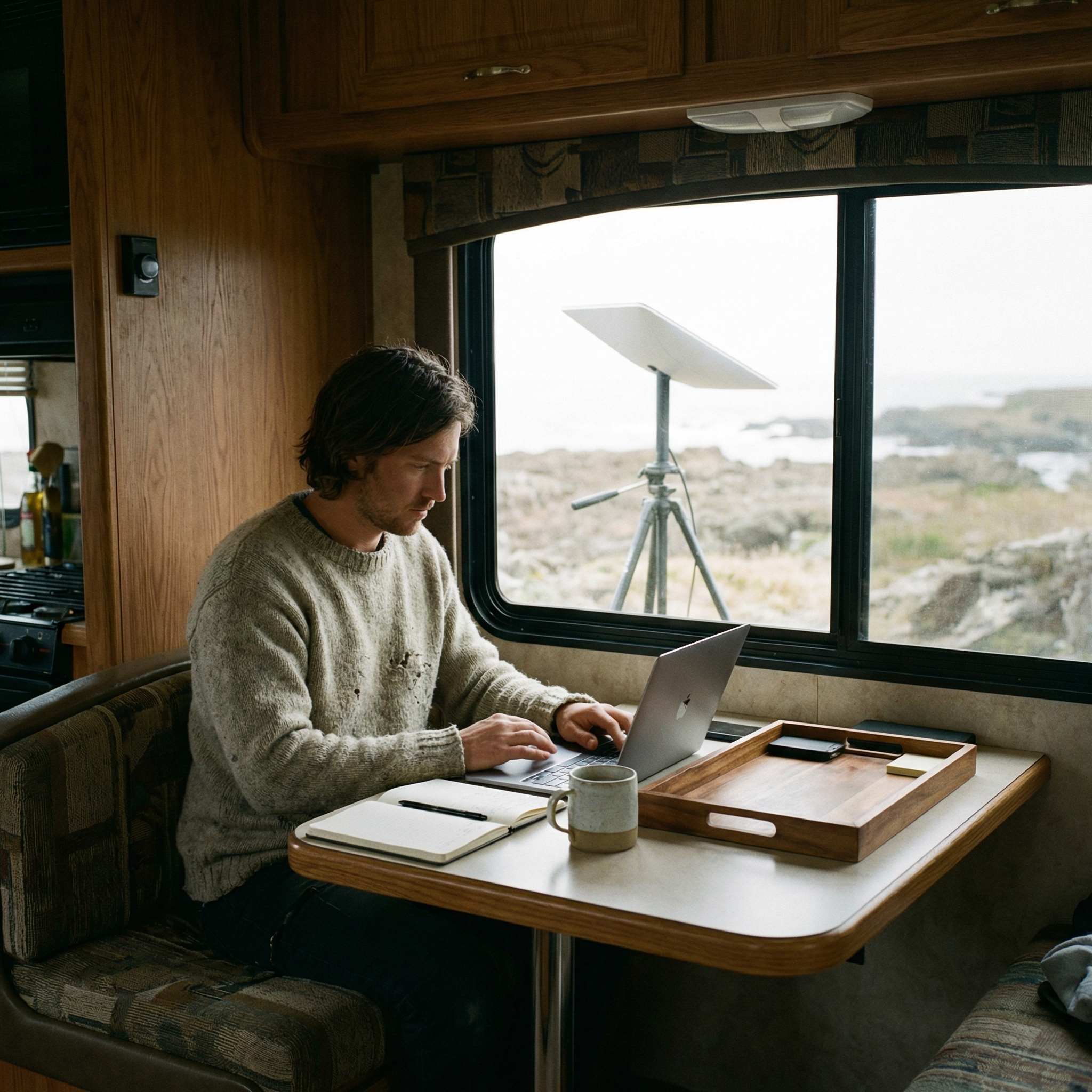 Remote work setup inside an RV with a laptop and organized workspace