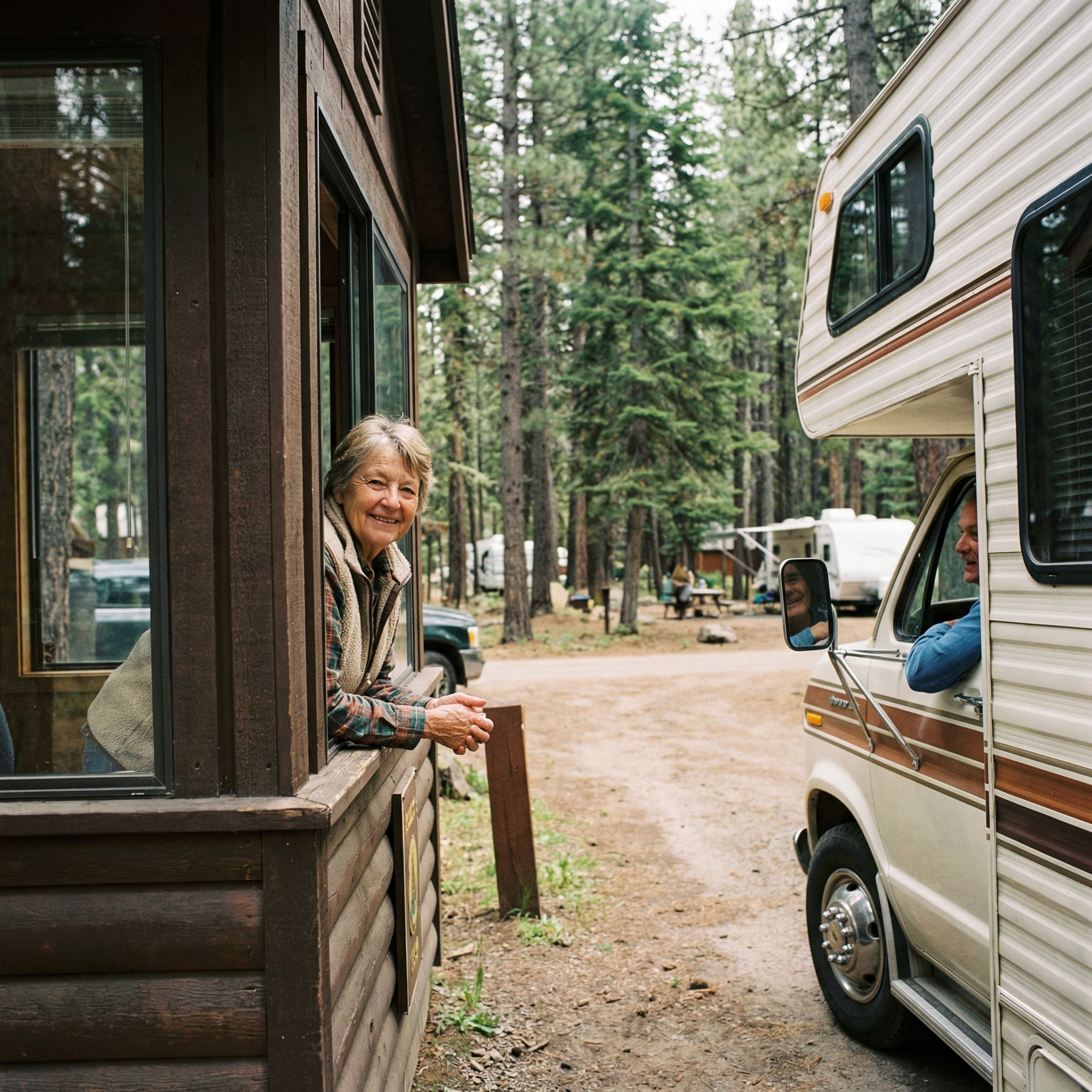 Campground host welcoming campers near an entry station in a forest campground