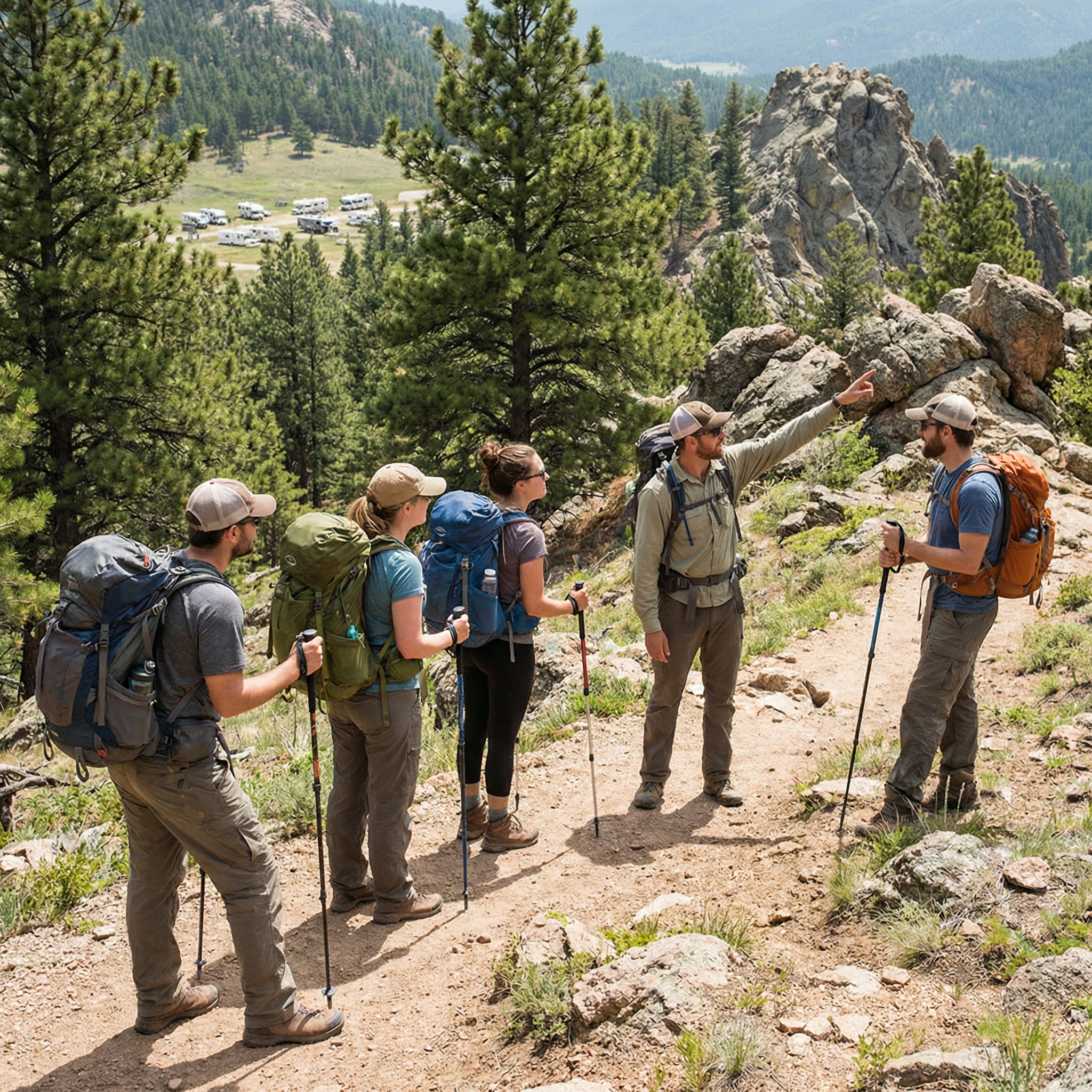 Outdoor guide leading a small group hike near a scenic trail, representing skill-based work while traveling