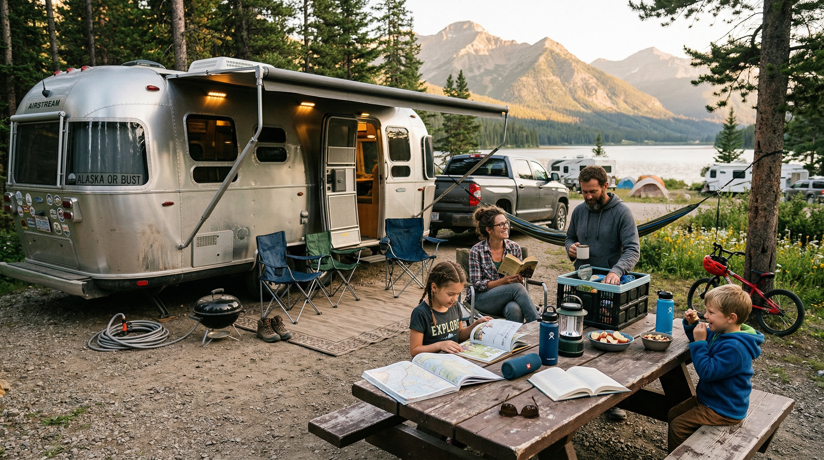 Family enjoying full-time RV life together at a scenic campground with travel trailer and outdoor setup