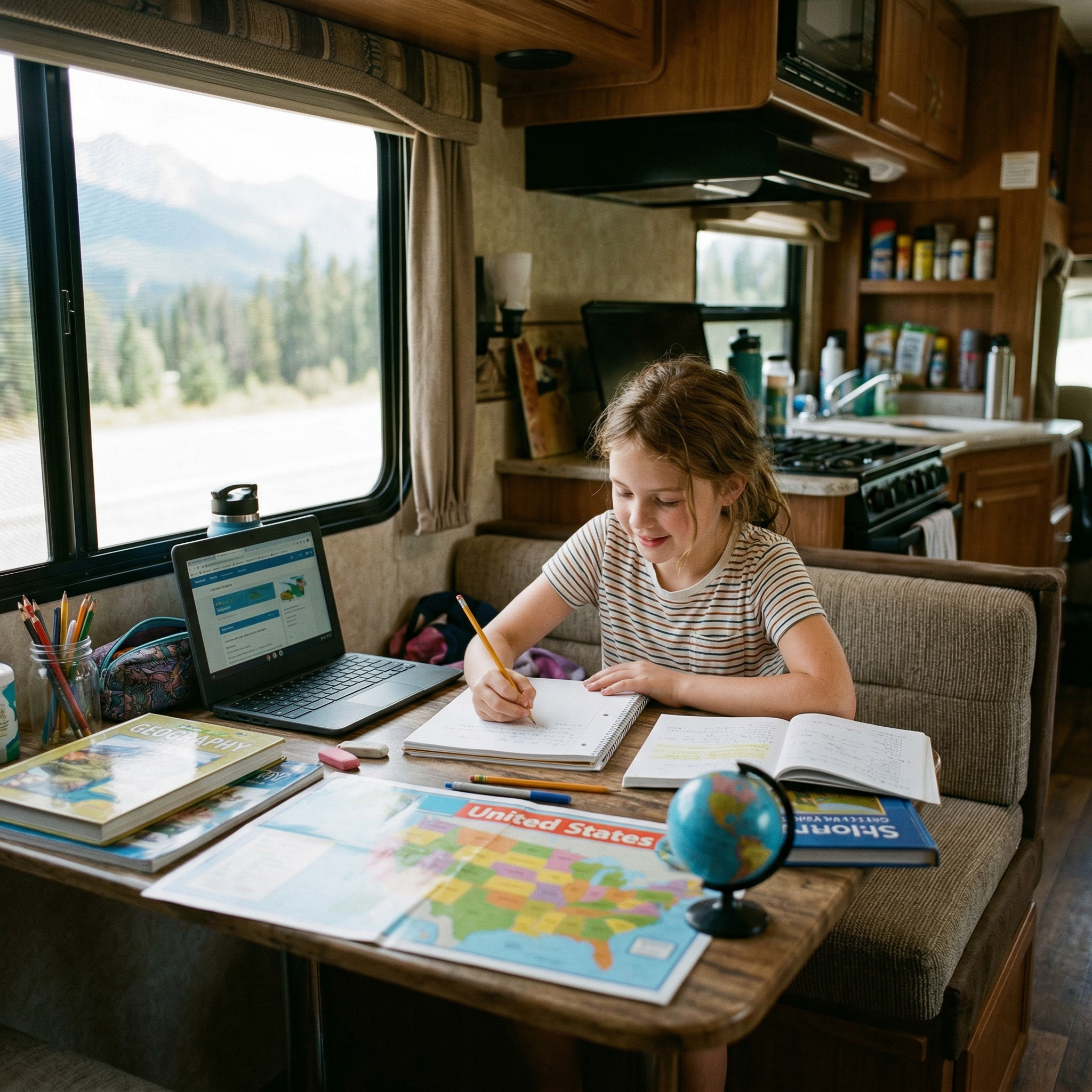 Child doing schoolwork inside an RV dinette with books and laptop for roadschooling