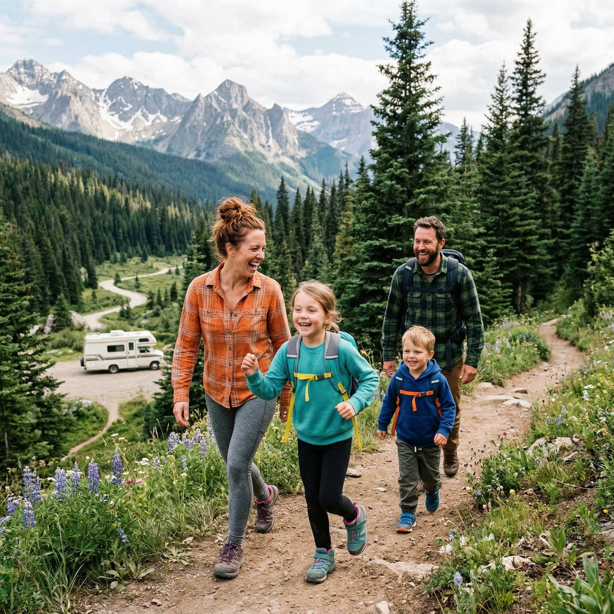 RV family hiking together on a scenic trail during a family adventure day
