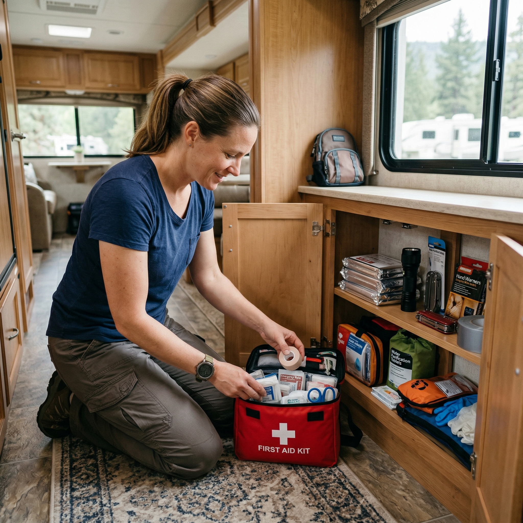 Parent organizing emergency supplies and first aid kit in RV storage compartment