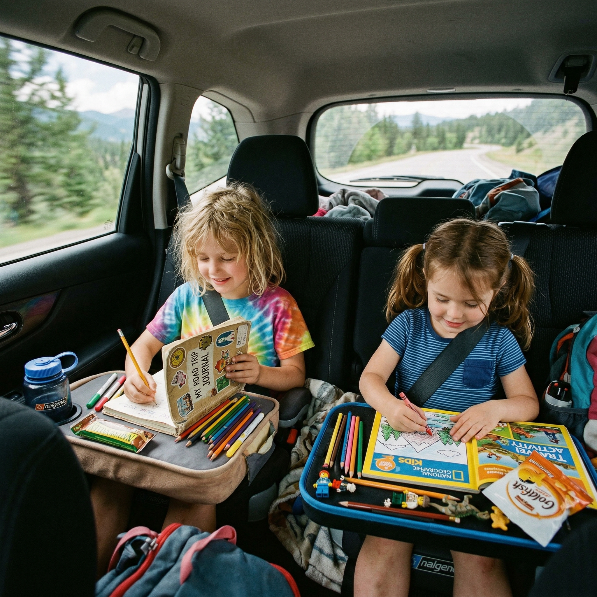 Kids staying engaged during an RV road trip with travel journals, snacks, and activity kits