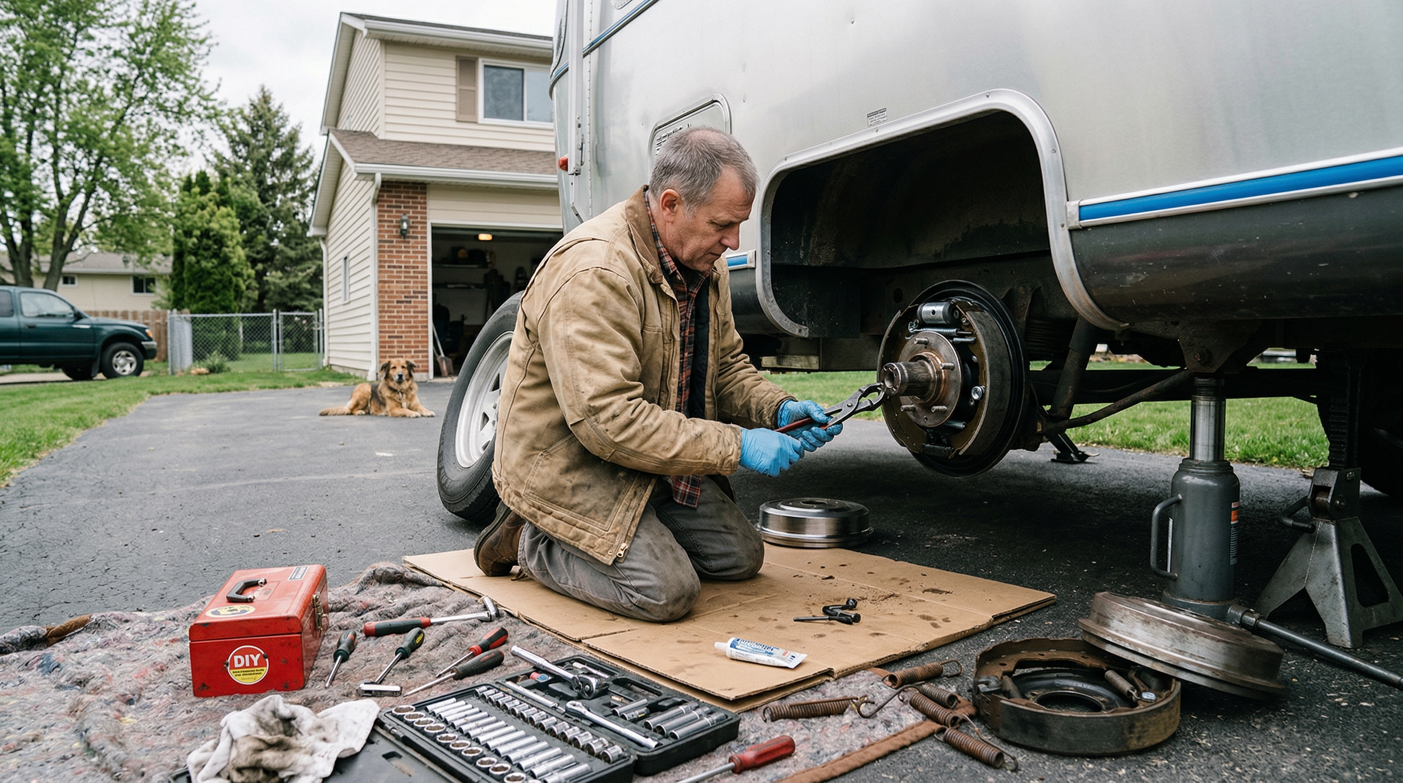 RV owner replacing travel trailer brakes with wheel removed and brake assembly visible