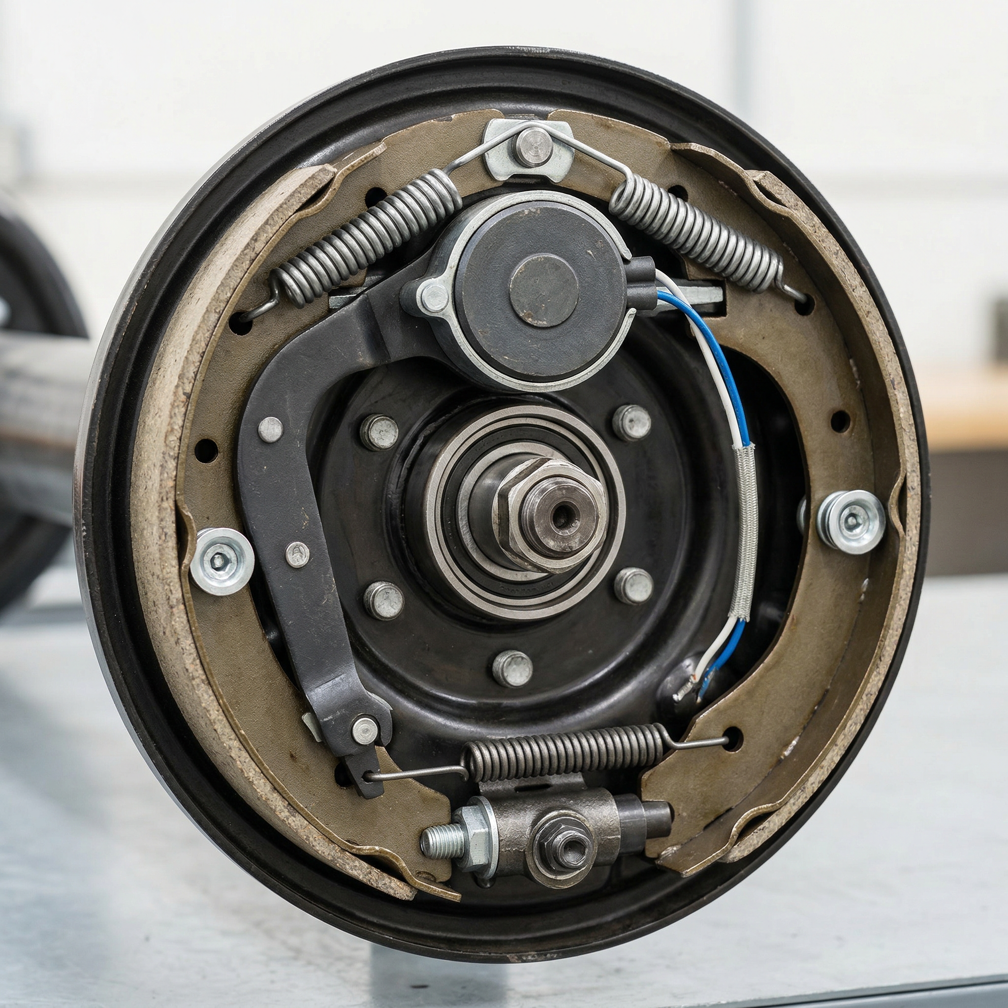 Electric travel trailer drum brake assembly showing brake shoes magnet and springs