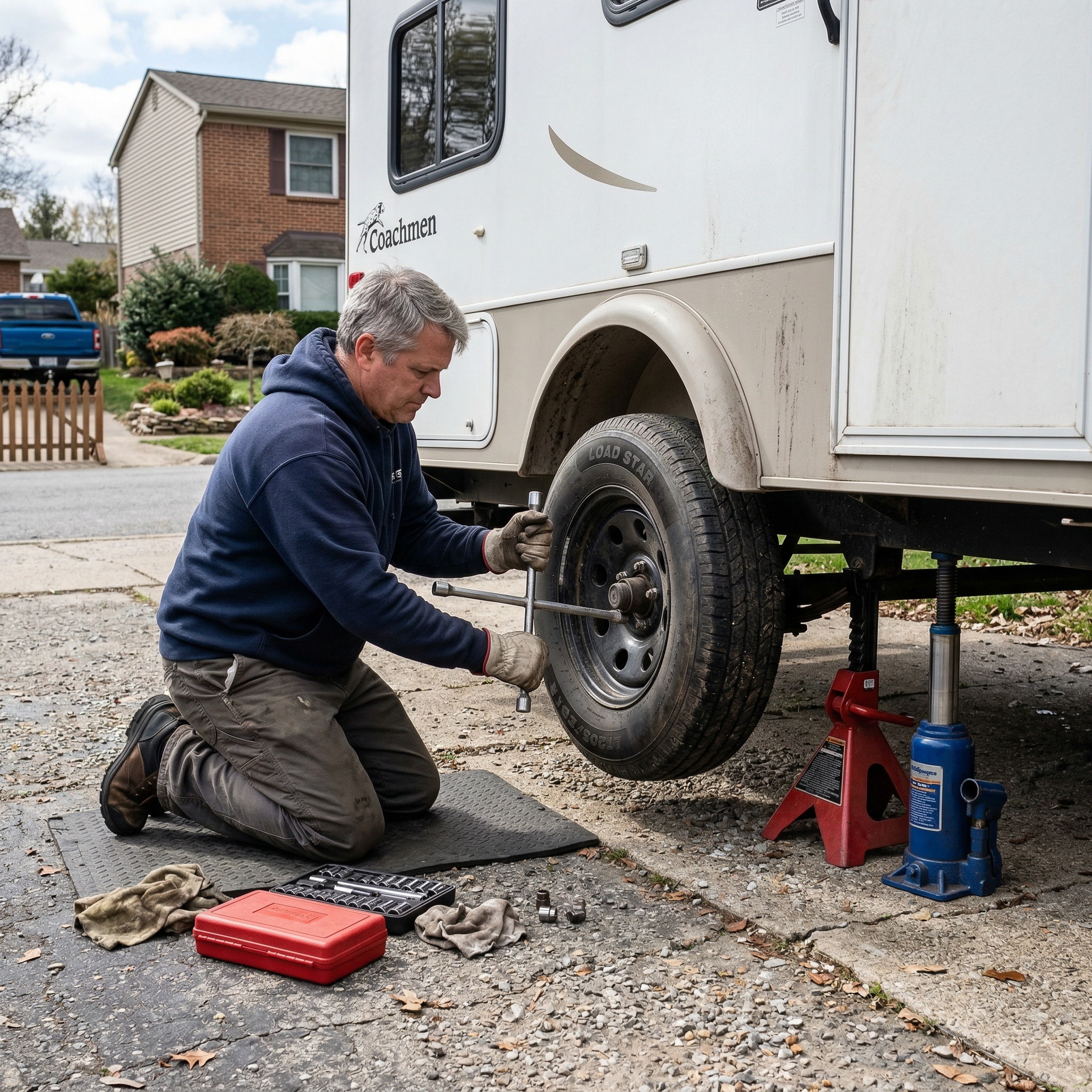 Trailer wheel removed showing worn brake components