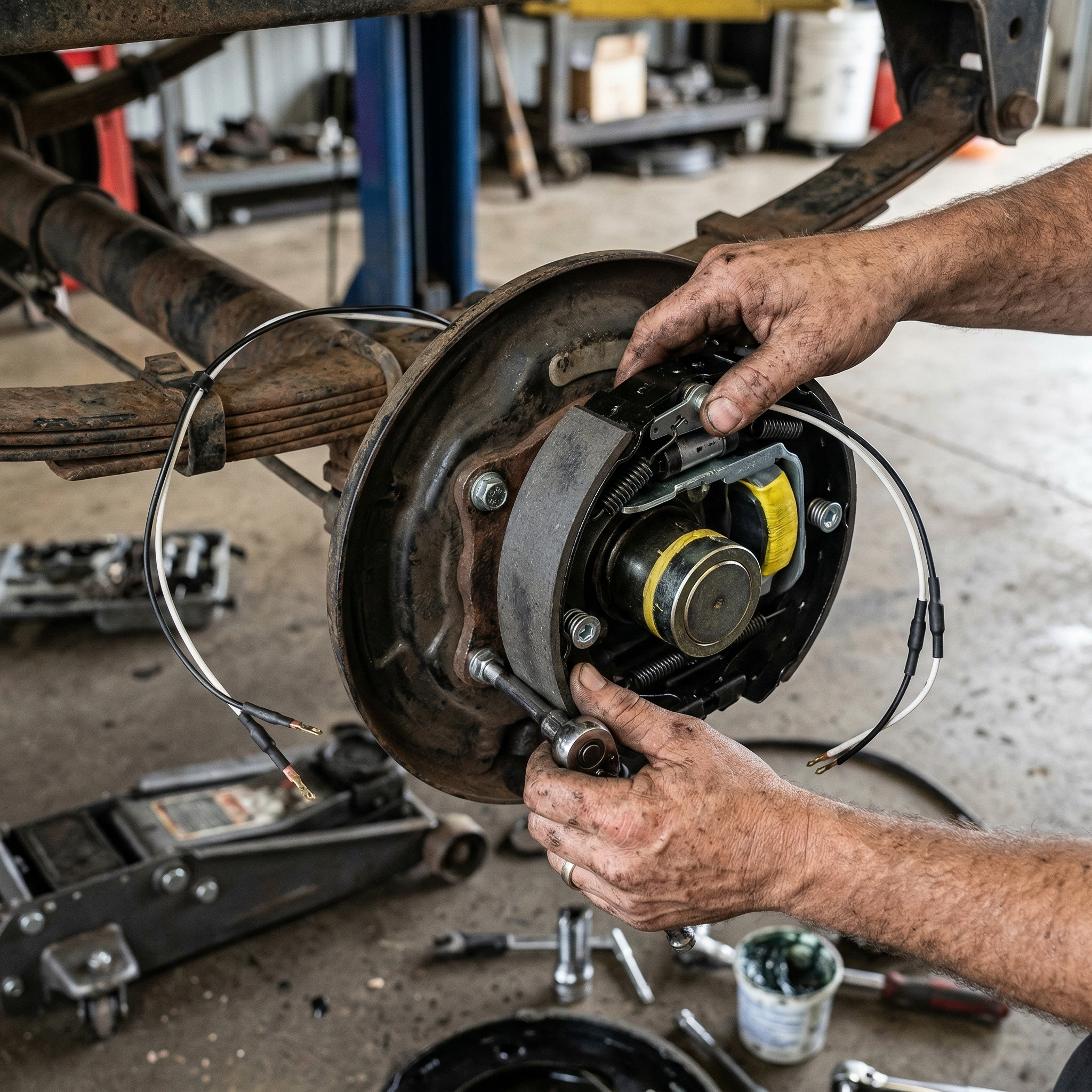 Tools used for replacing travel trailer brakes including jack and hand tools