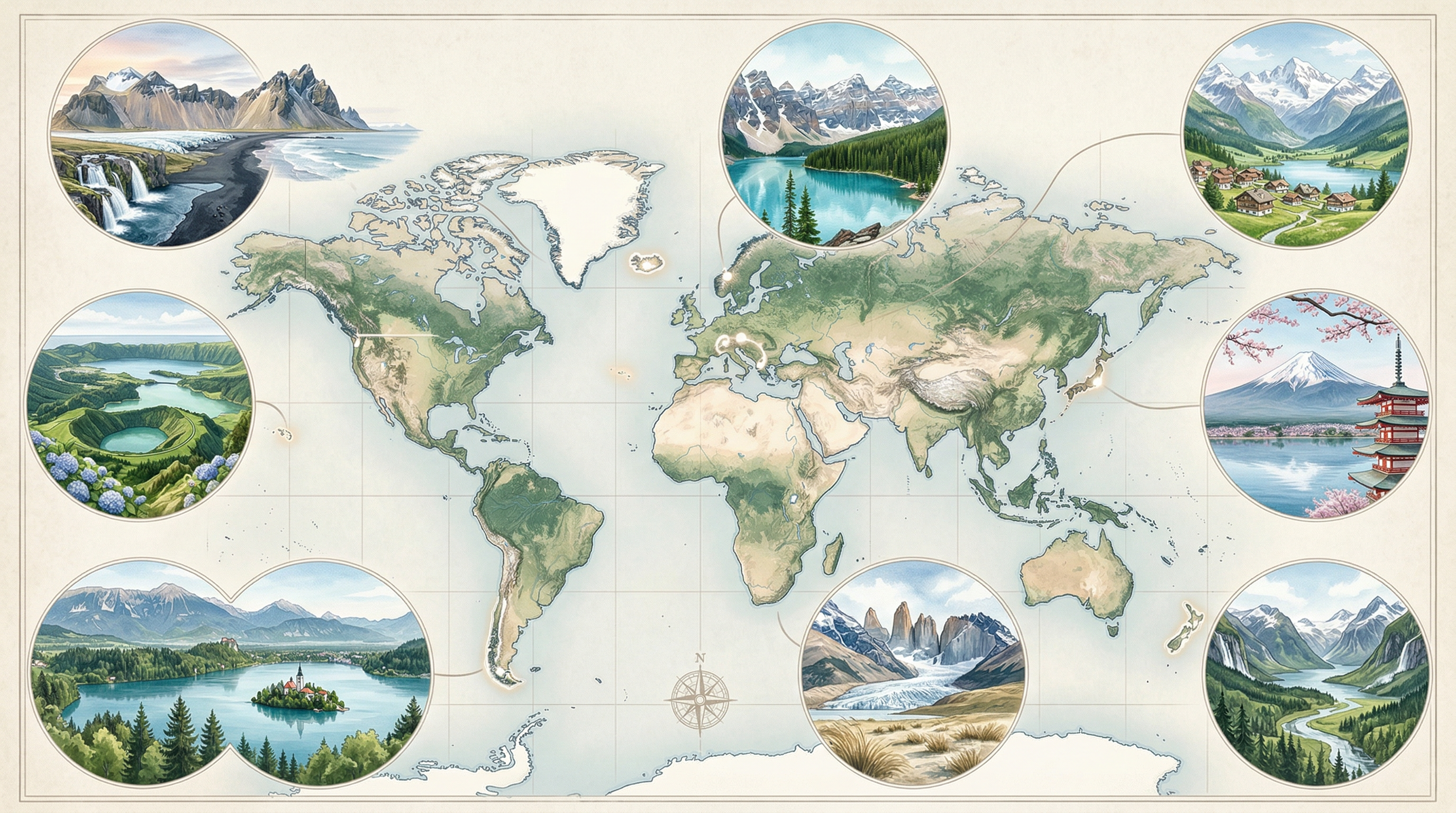 World map style image showing clean nature destinations for fresh-air travel