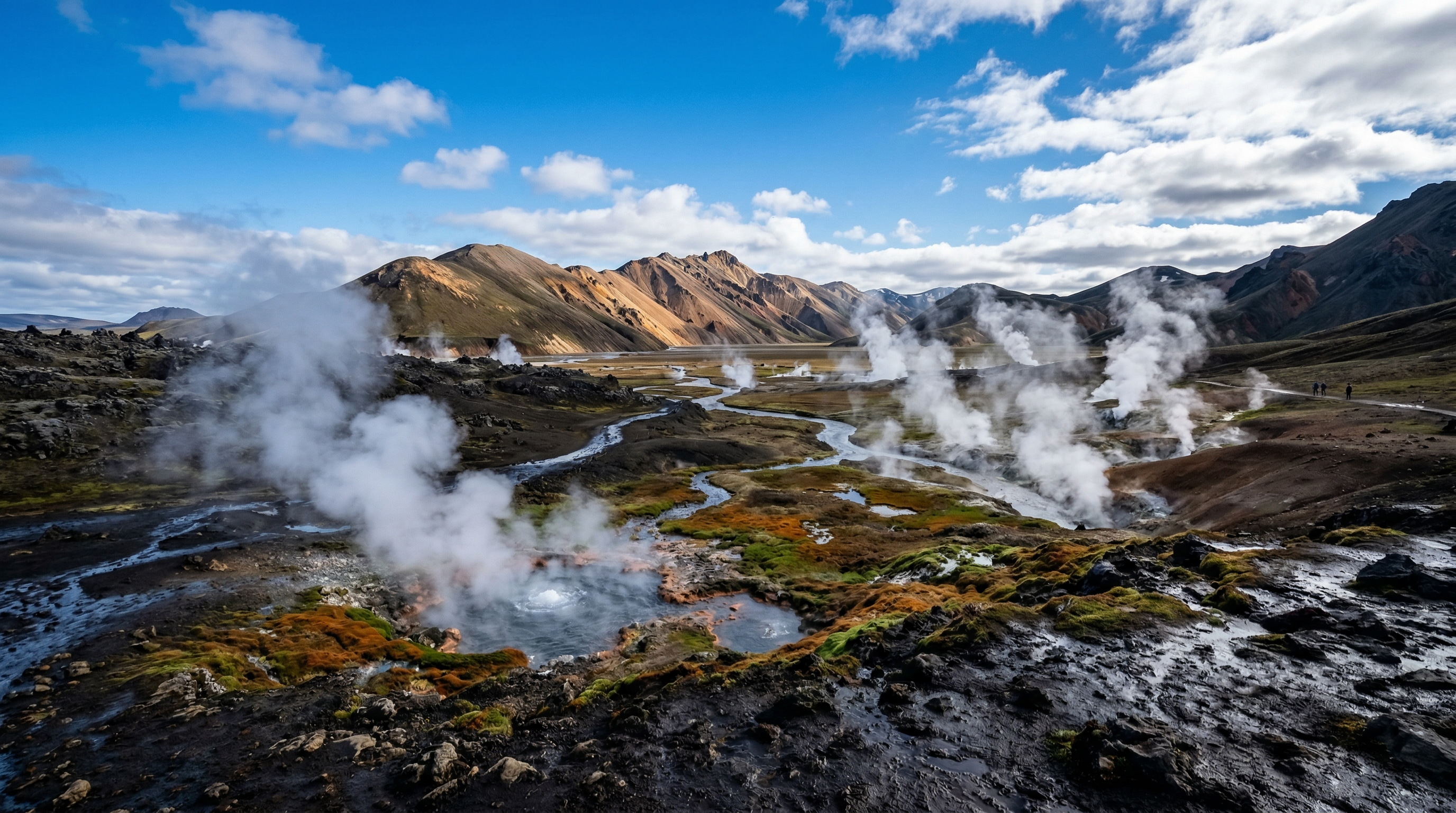 Geothermal Iceland landscape with steam, mountains, and clean-air travel atmosphere