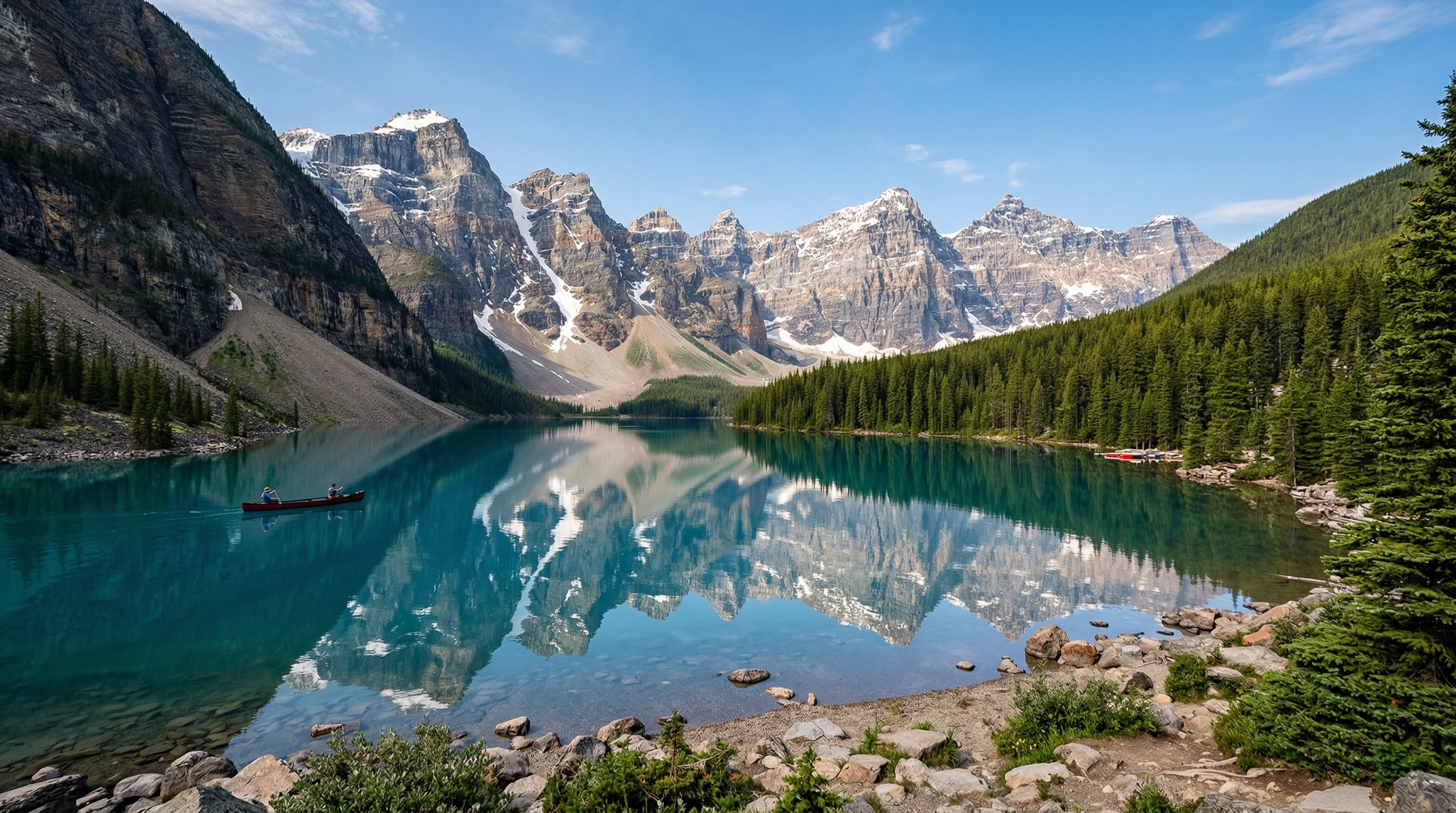Pristine Canadian alpine lake with forest and mountains for clean-air wilderness travel
