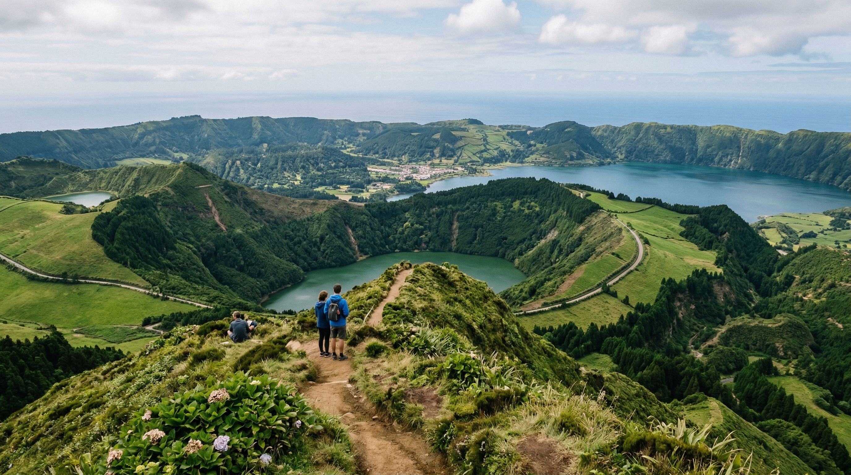 Volcanic crater lake landscape in the Azores with peaceful fresh-air travel atmosphere