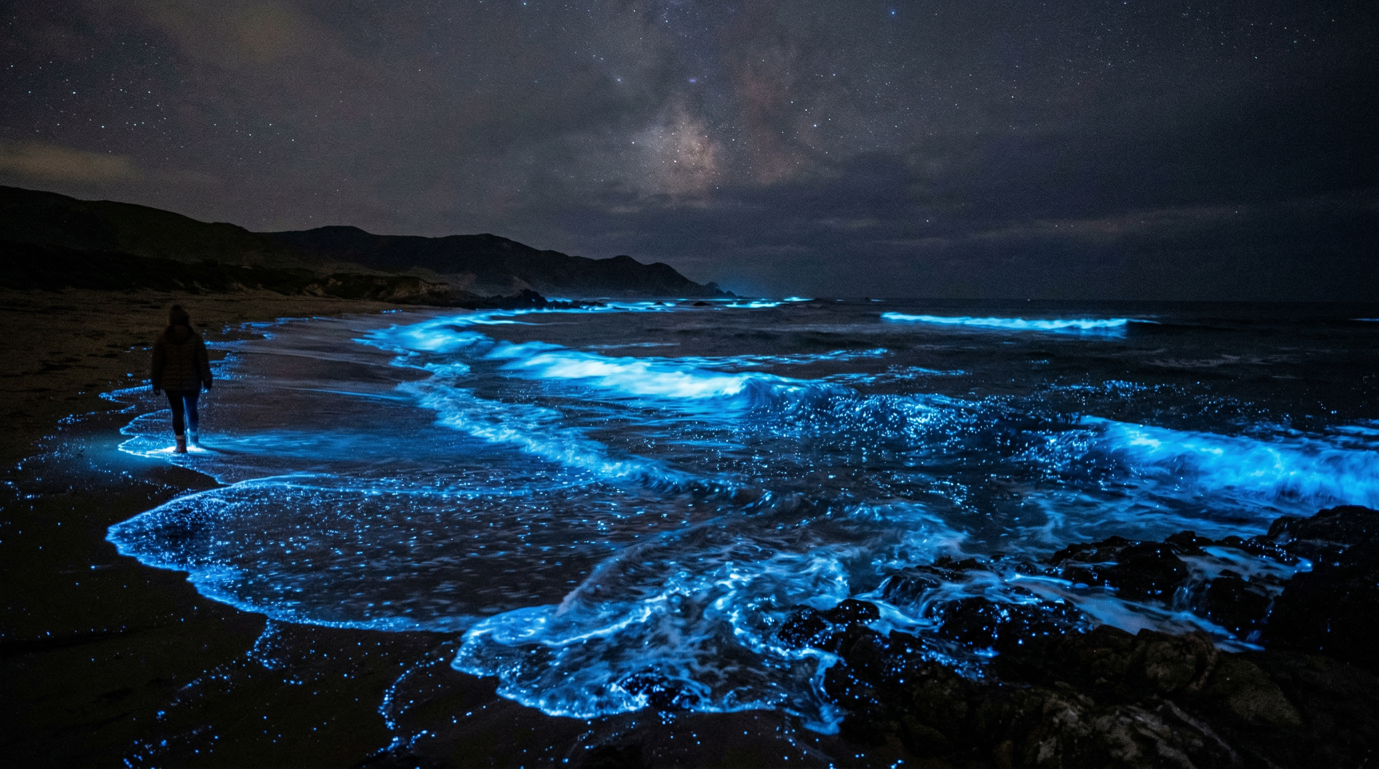 Bioluminescent ocean shoreline glowing blue at night