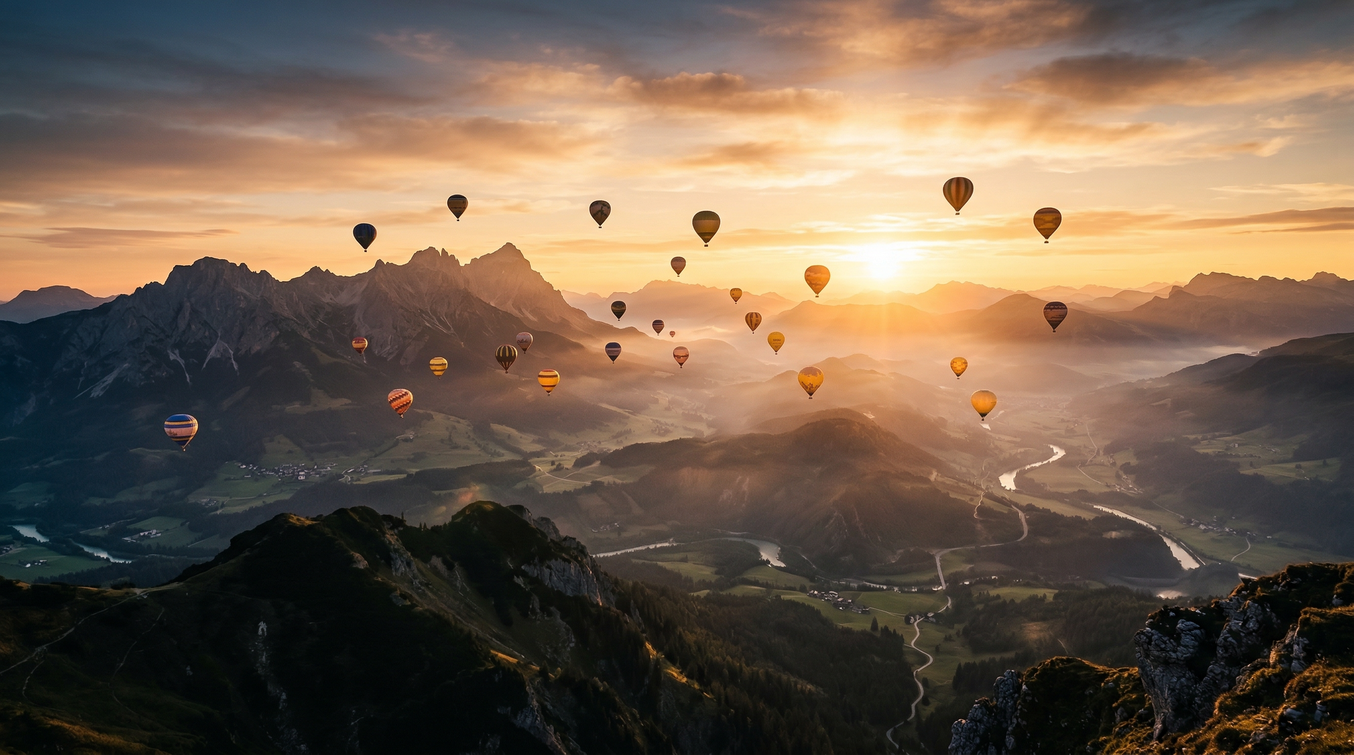 Hot air balloons floating at sunrise over a dramatic scenic landscape