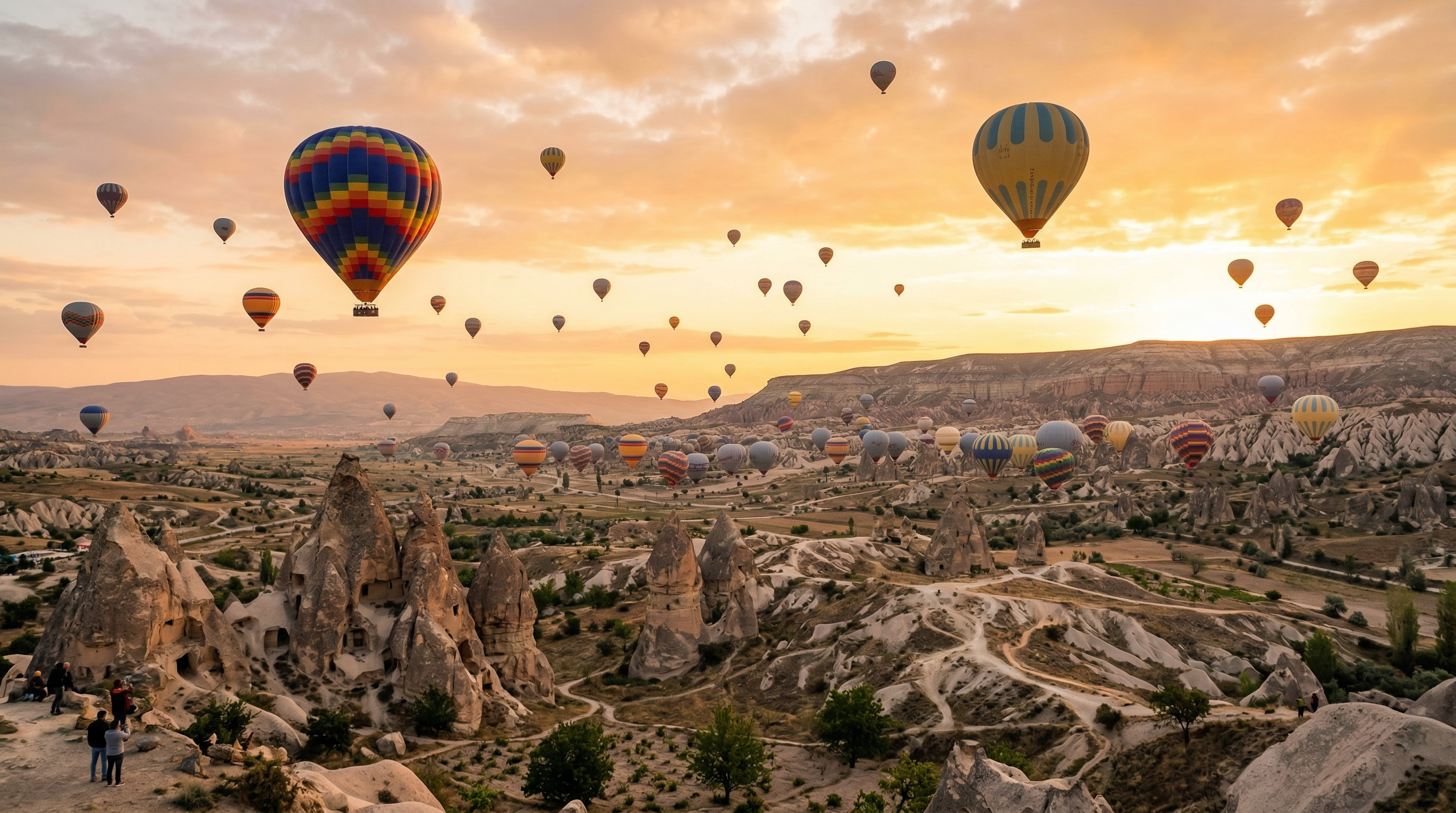 Hot air balloons rising over Cappadocia Turkey at sunrise with fairy chimneys