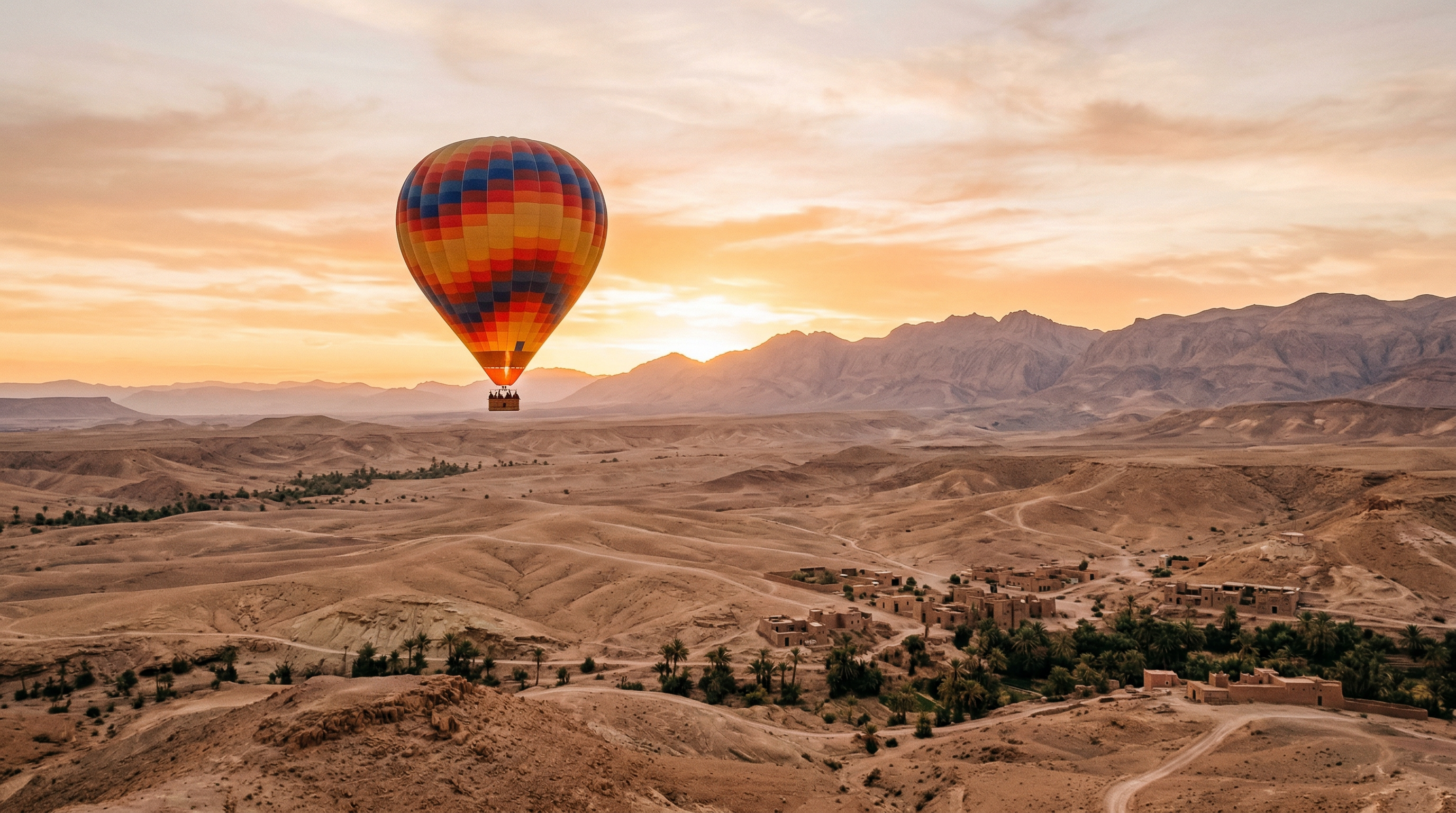 Hot air balloon floating over desert near Marrakech at sunrise