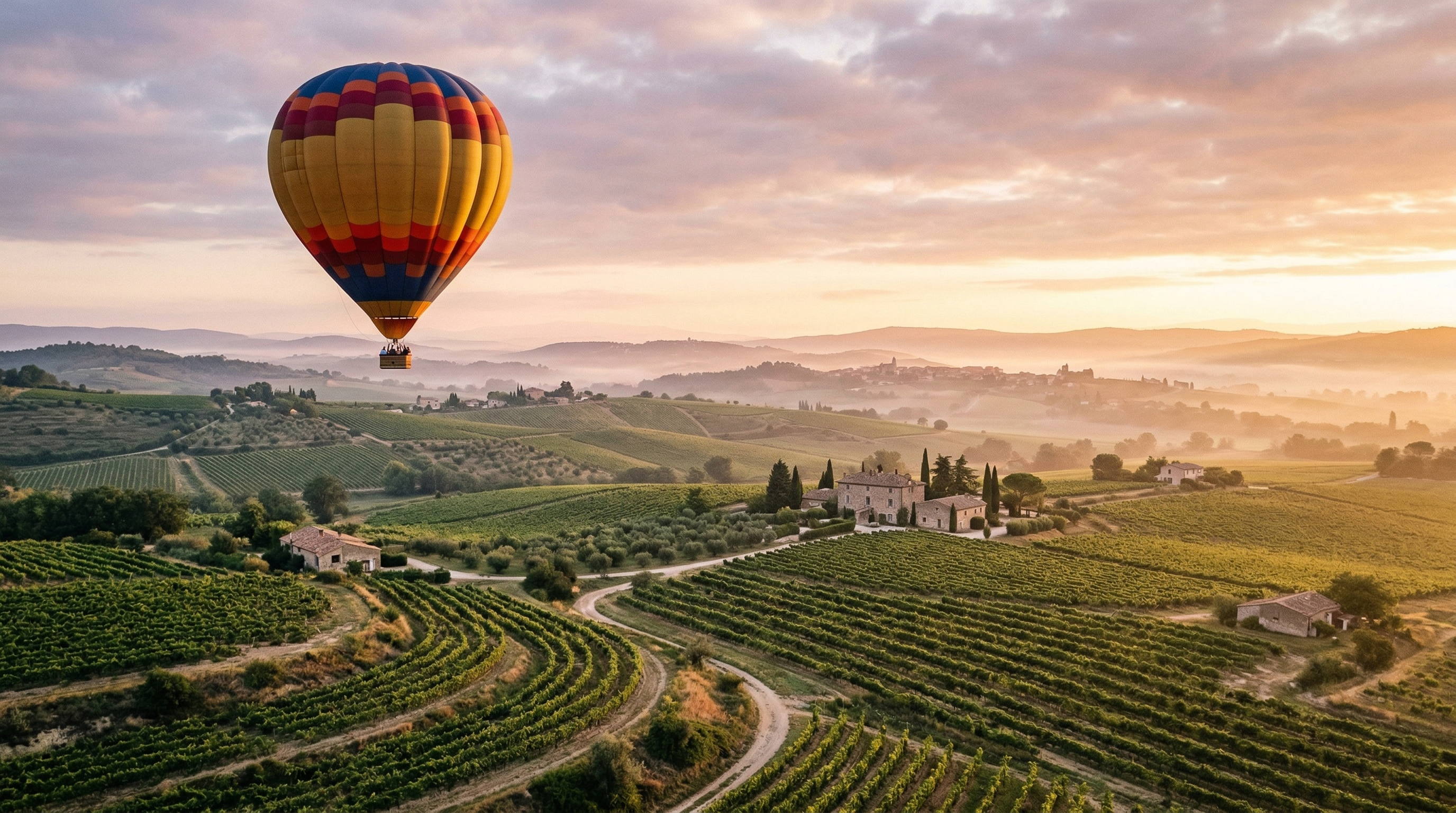 Hot air balloon above vineyard countryside at sunrise with soft morning haze