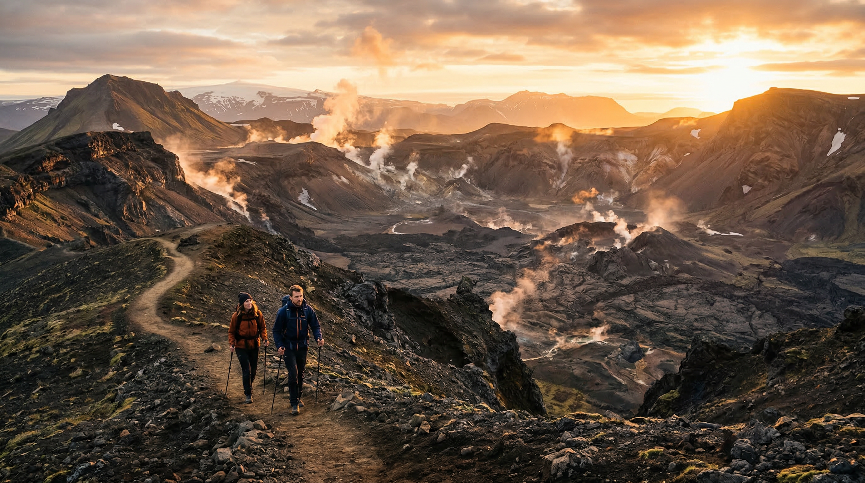 Dramatic volcanic landscape with crater terrain, steam, and sunrise light