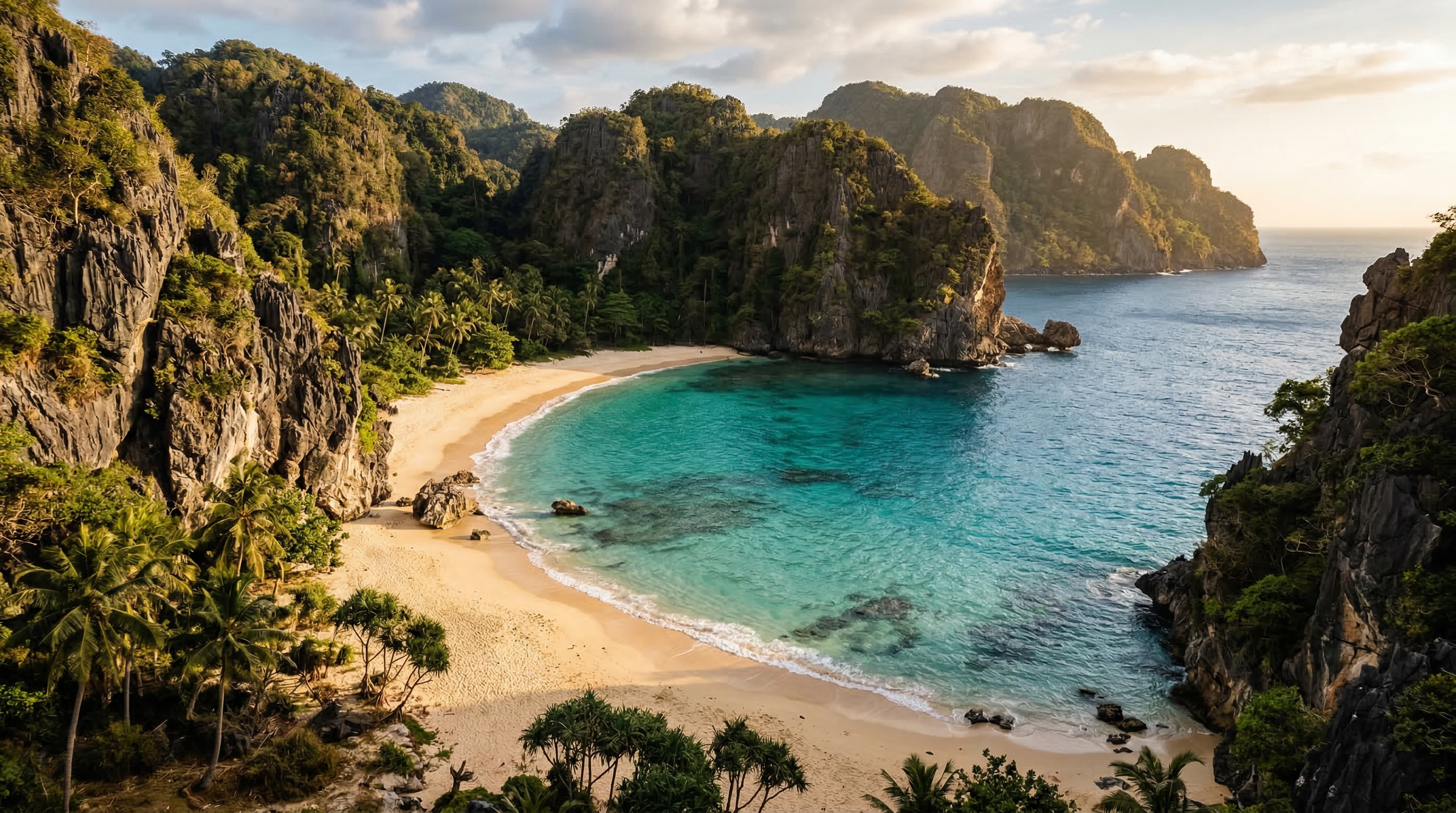 Secluded hidden beach with turquoise water, cliffs, and peaceful coastline