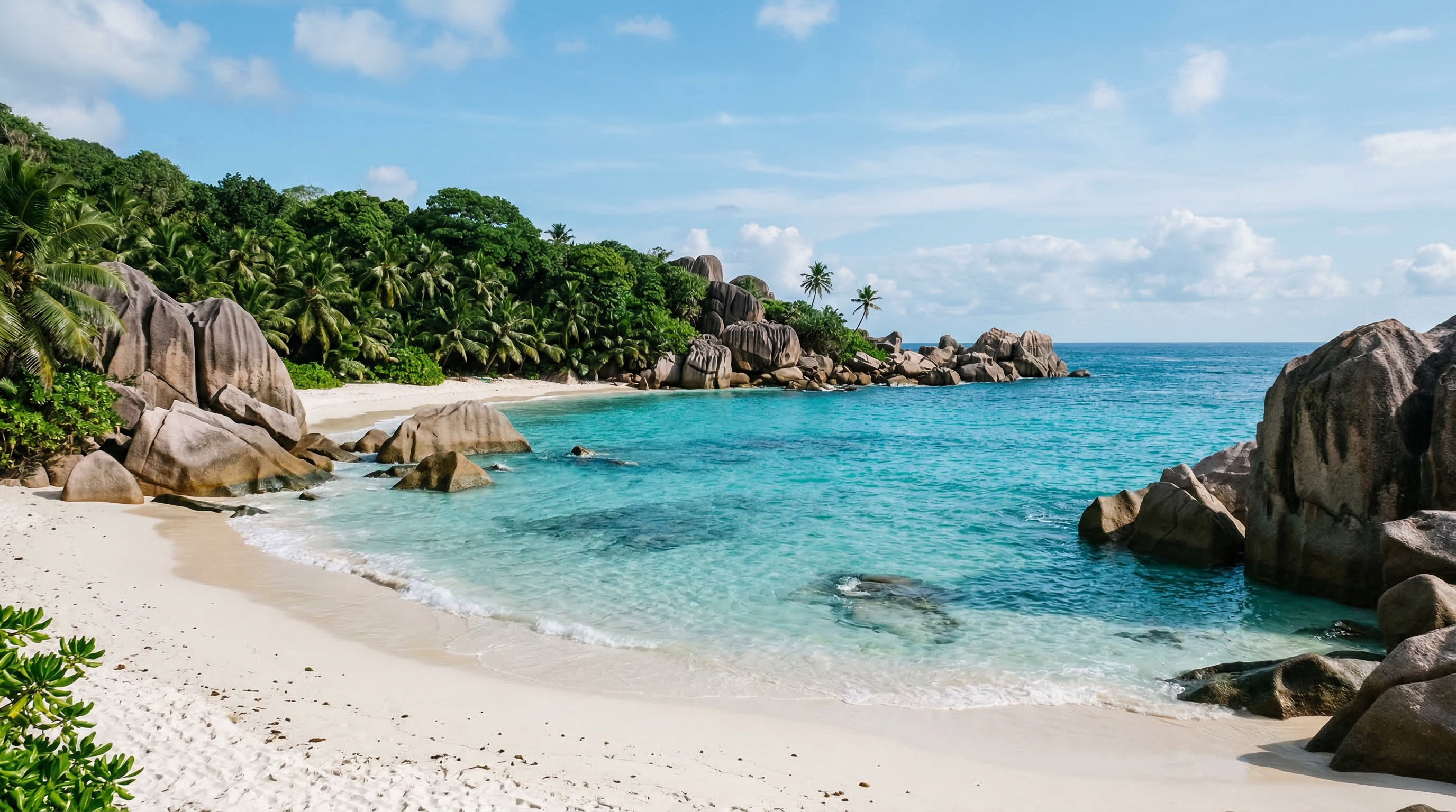Granite boulder beach with tropical water and jungle backdrop in Seychelles style