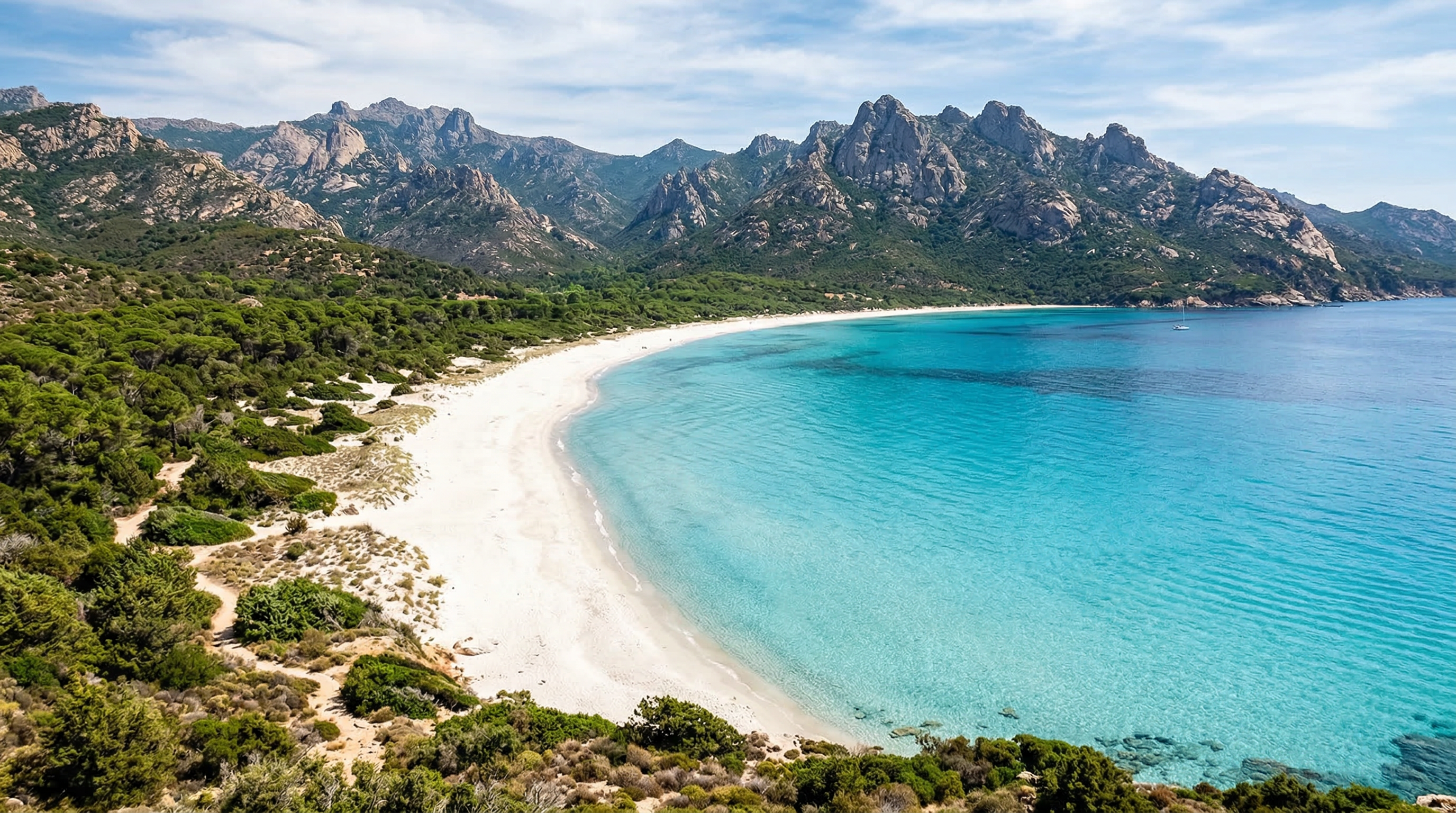 Remote white sand beach with wild Mediterranean water and mountains behind