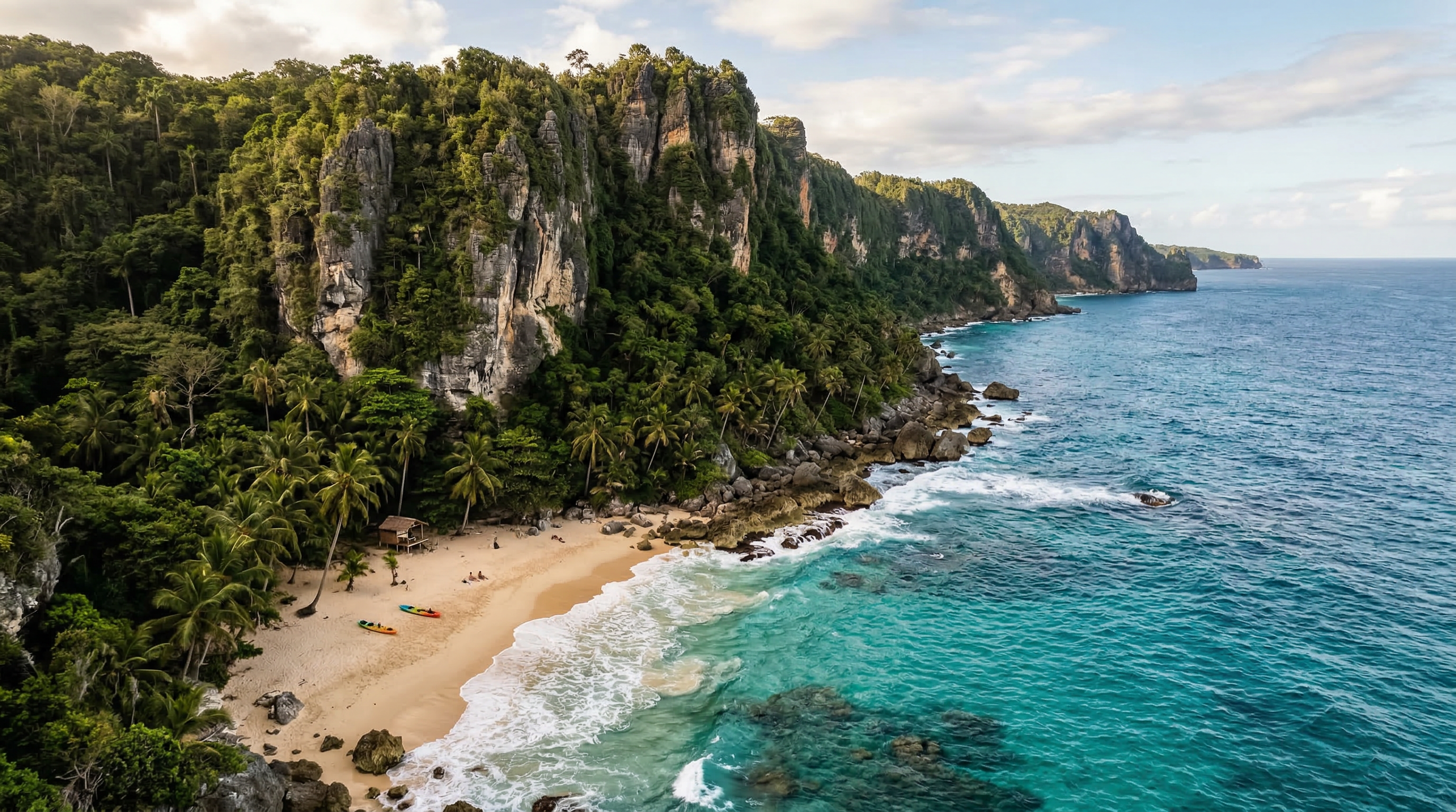 Remote tropical beach with steep green cliffs and turquoise Caribbean water